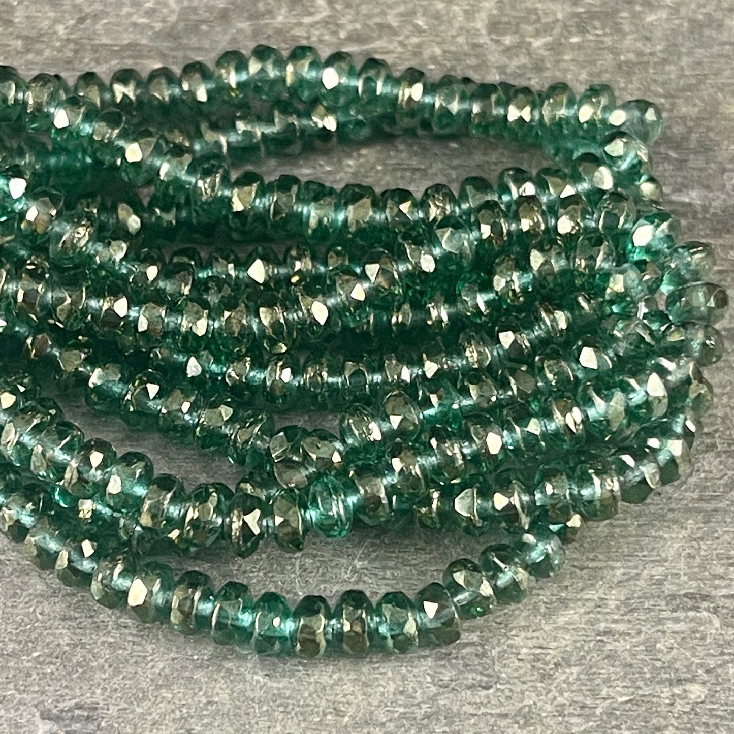 Faceted Emerald Green Czech Glass Rondelles ~ Green with Golden Luster ~ 4x2.5mm Transparent Green Spacer Beads (RON3/N-1716) * Qty. 50