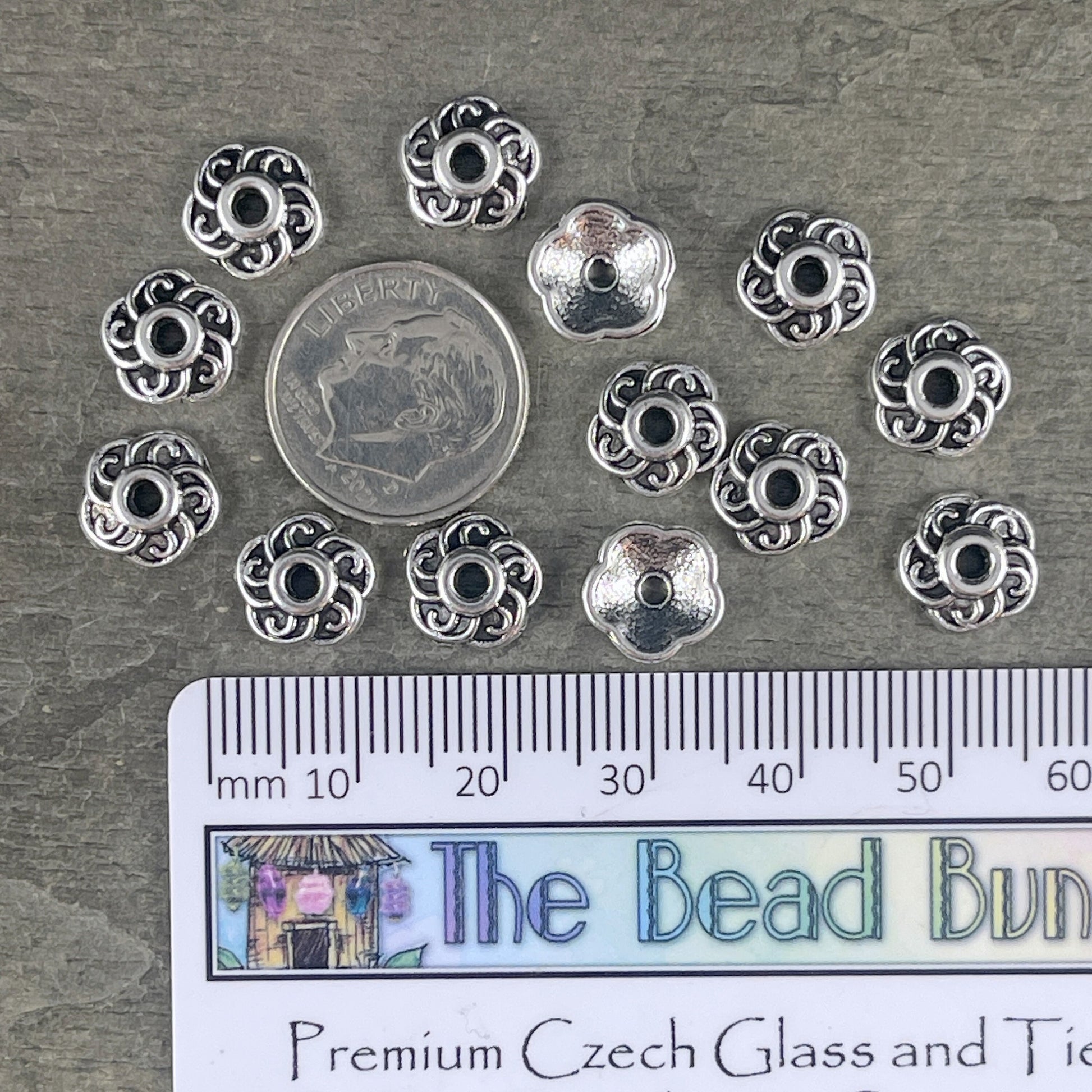 Antiqued Silver Bead Caps ~ Tibetan Style 9mm Swirly Petal Bead Caps, Nickel Free Large Shallow Bead Caps (LF0459Y) * Qty. 100