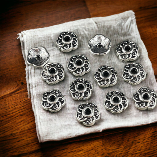 Antiqued Silver Bead Caps ~ Tibetan Style 9mm Swirly Petal Bead Caps, Nickel Free Large Shallow Bead Caps (LF0459Y) * Qty. 100