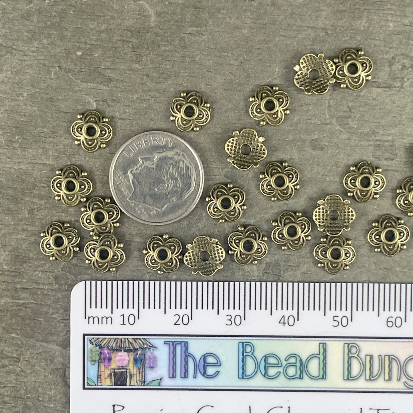 Antiqued Brass Bead Caps ~ 8mm Four Petal Flower Bead Caps, Nickel Free Bead Caps, Bronze Bead Caps (S222-AB) * Qty. 100