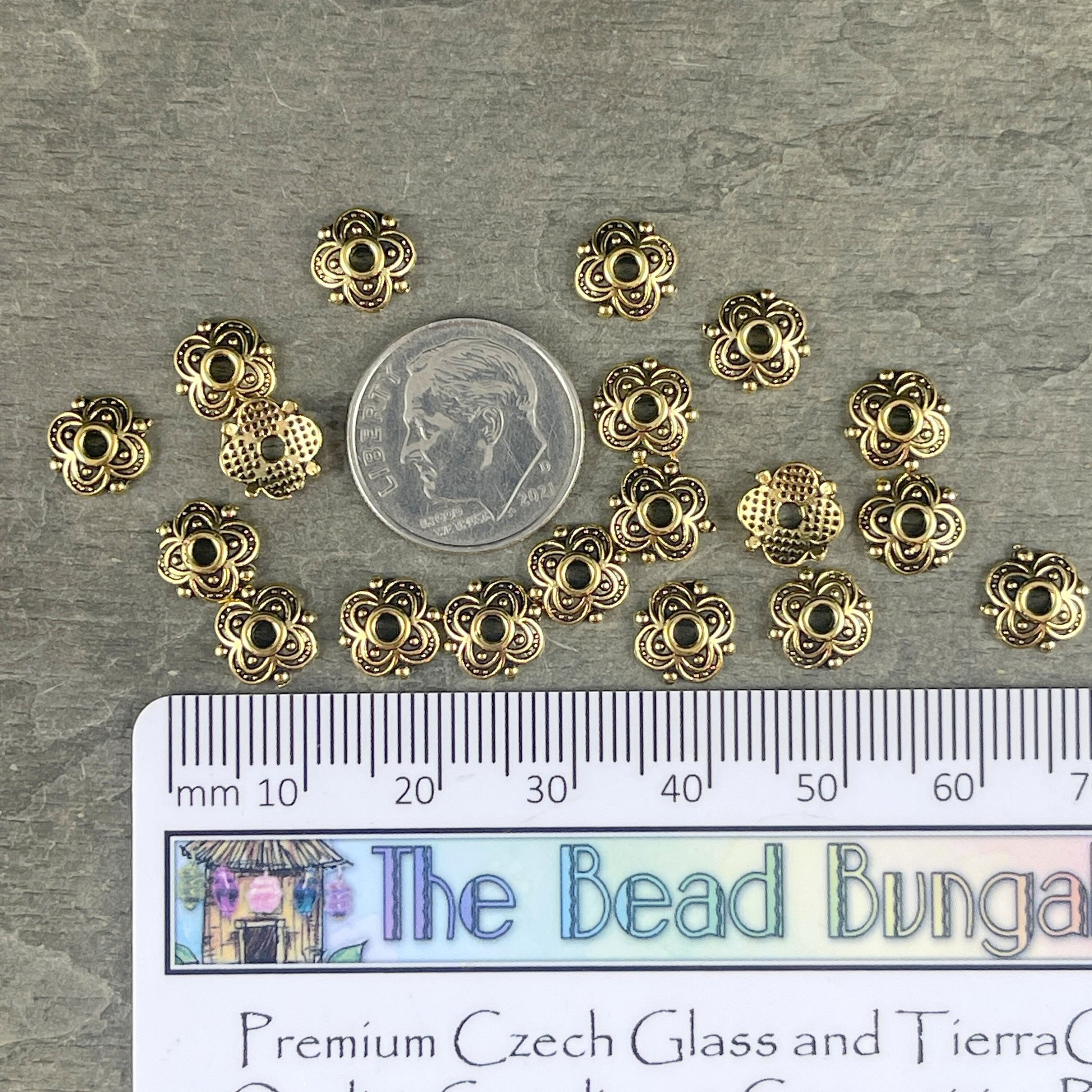 Antiqued Gold Bead Caps ~ 8mm Four Petal Flower Bead Caps, Nickel Free Bead Caps (S222-AG) * Qty. 100