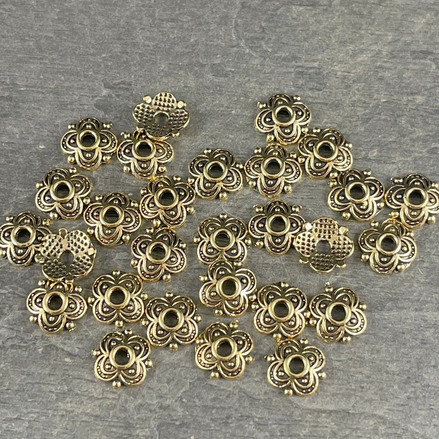 Antiqued Gold Bead Caps ~ 8mm Four Petal Flower Bead Caps, Nickel Free Bead Caps (S222-AG) * Qty. 100