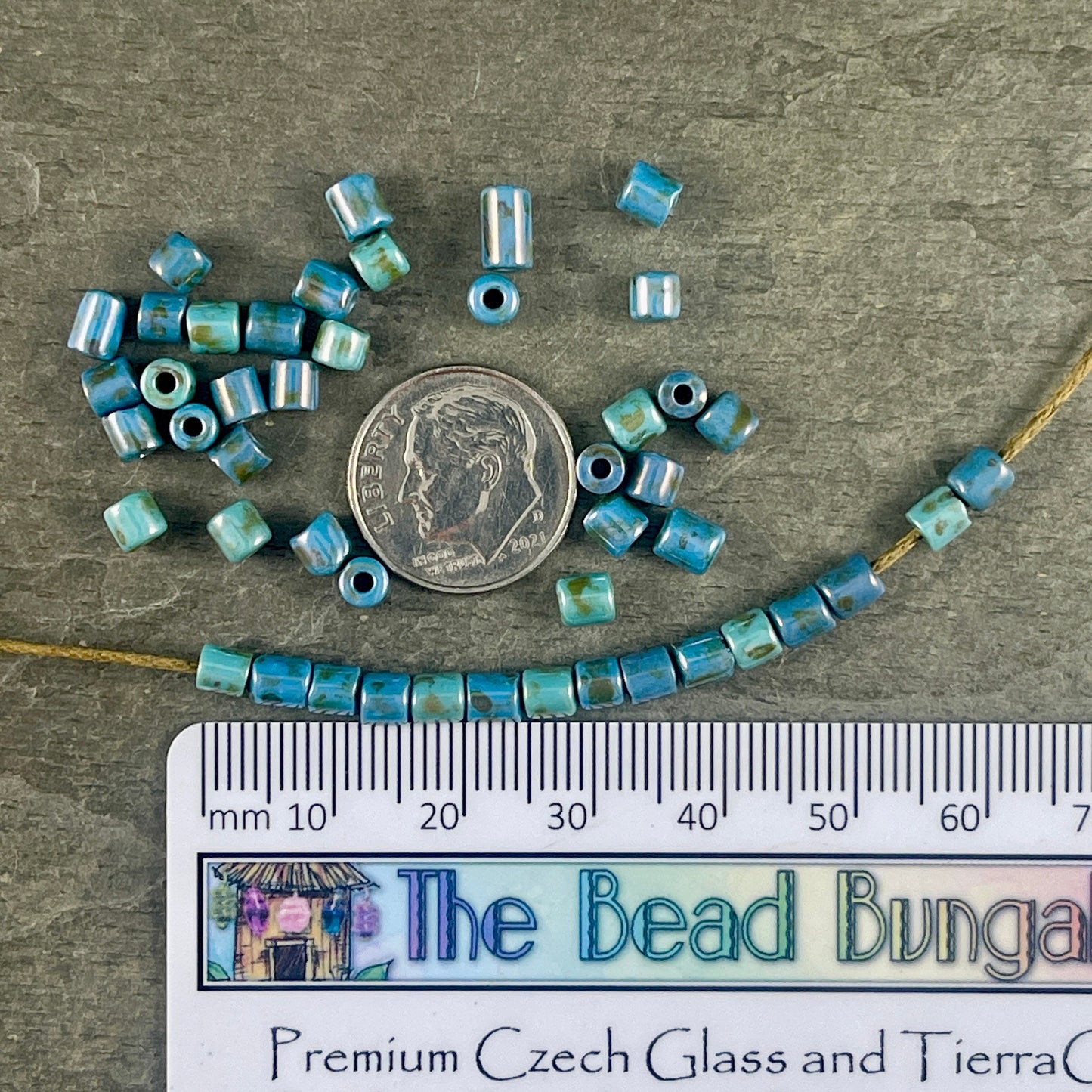 4mm Czech Glass Tube Shape Beads, Glossy Turquoise Alabaster Short Tubes (6/0T-22323G) * 10" strand