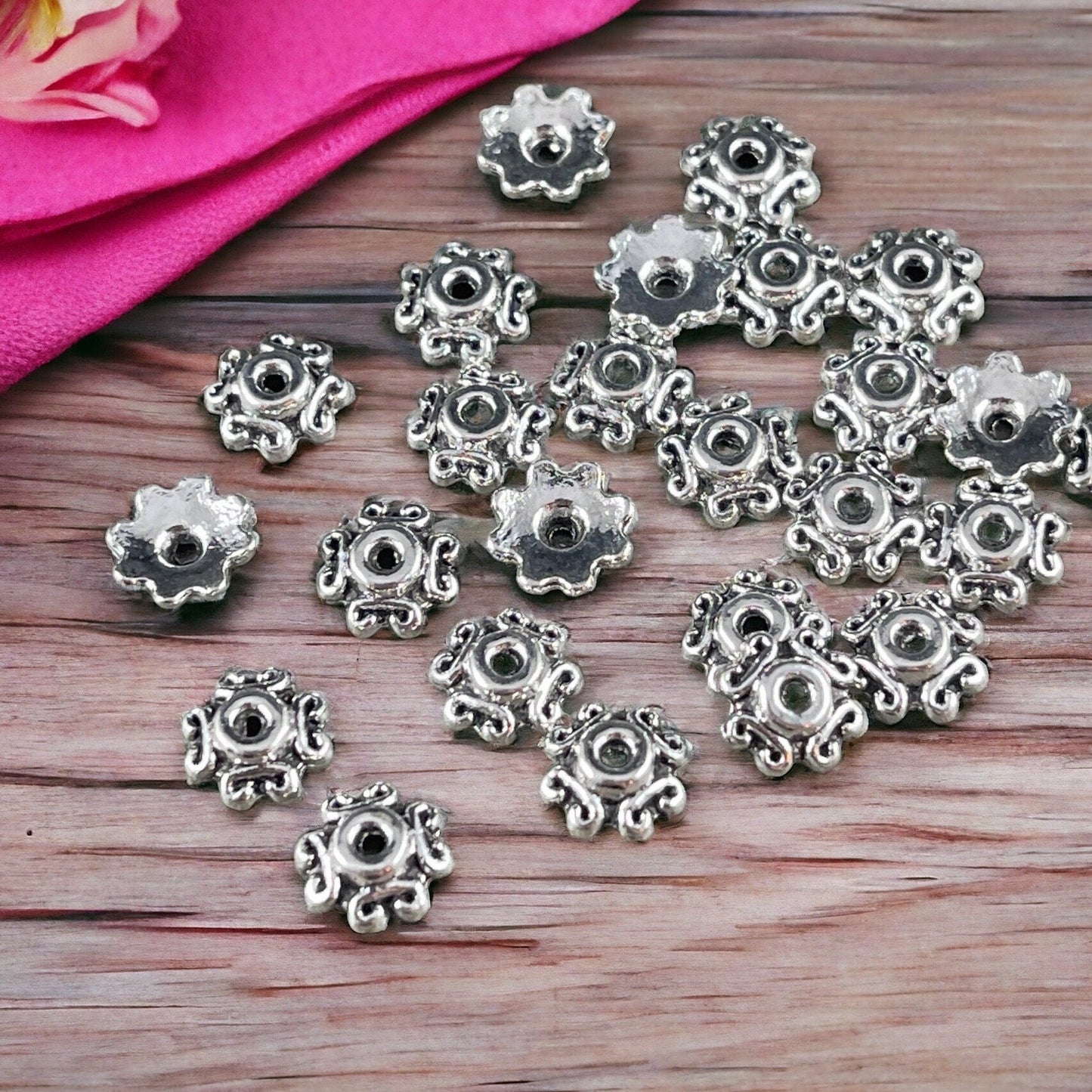 Antiqued Silver Bead Caps ~ Tibetan Style 7mm Ornate Bead Caps, Squarish Bead Caps(S039-054AS) * Qty. 100