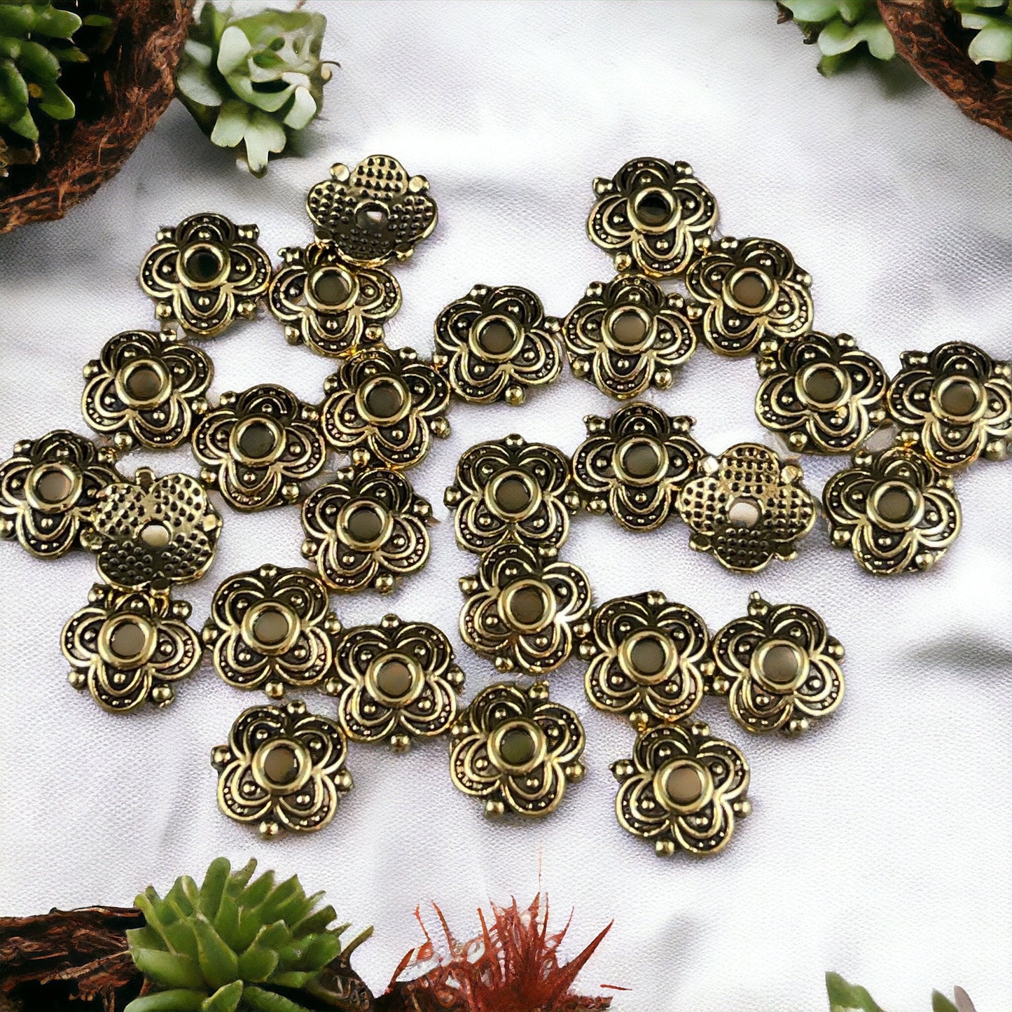 Antiqued Gold Bead Caps ~ 8mm Four Petal Flower Bead Caps, Nickel Free Bead Caps (S222-AG) * Qty. 100