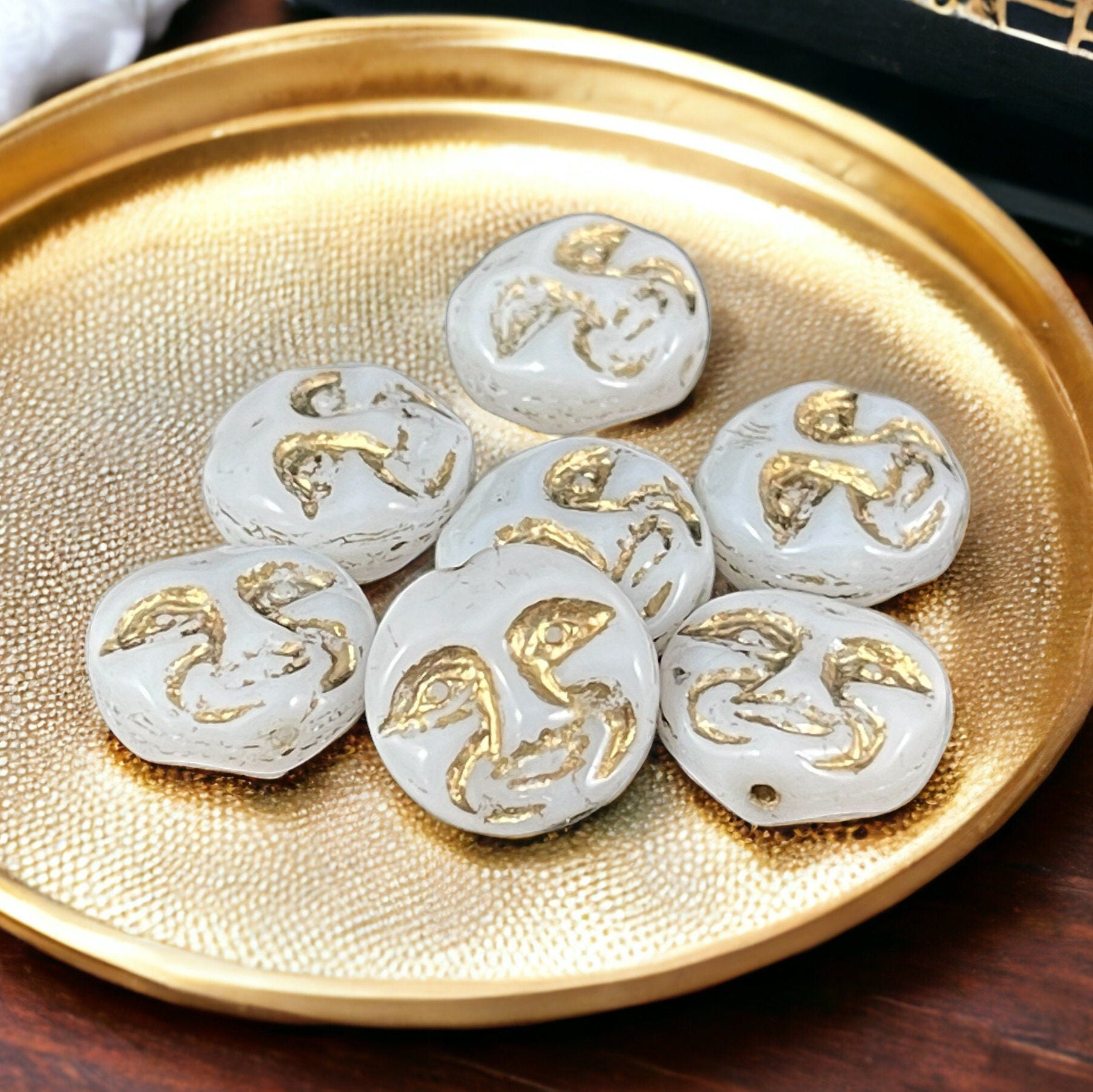 Man in the Moon Moon Face Beads Czech Glass Moon Beads Opaque White with Gold Wash (MOON/RJ-4739) * Qty. 6