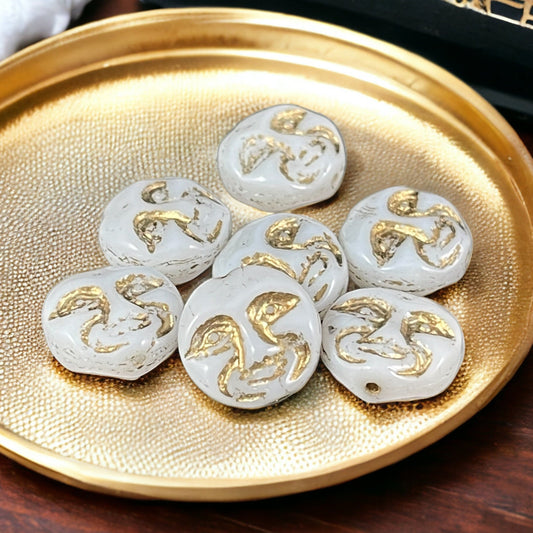Man in the Moon Moon Face Beads Czech Glass Moon Beads Opaque White with Gold Wash (MOON/RJ-4739) * Qty. 6