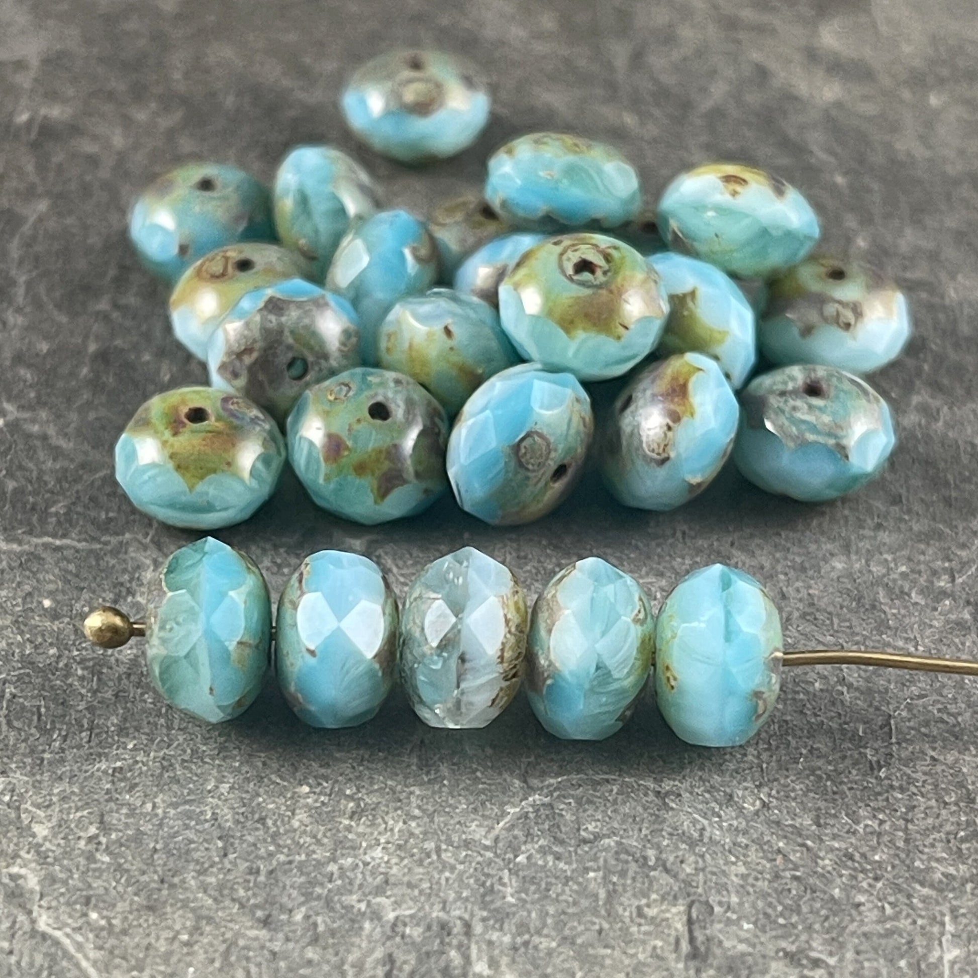 Light Blue and White Faceted Rondelles ~ 8x6mm Larimar Blue Vaseline Rondelle ~ Czech Glass Beads with Rustic Picasso (R8/RJ-2742) *