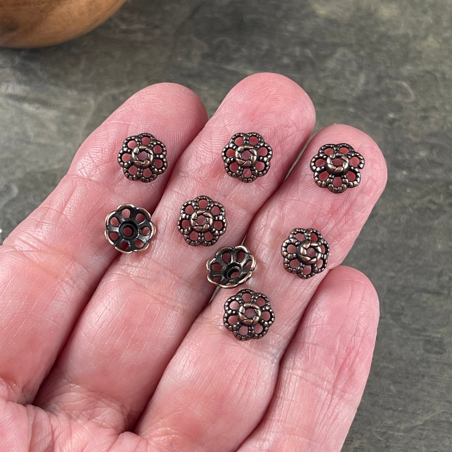 Antiqued Copper Bead Caps ~ Filigree Flower Petals, 9mm Domed Nickel Free Bead Caps (RLF0761Y-NF) * Qty. 100