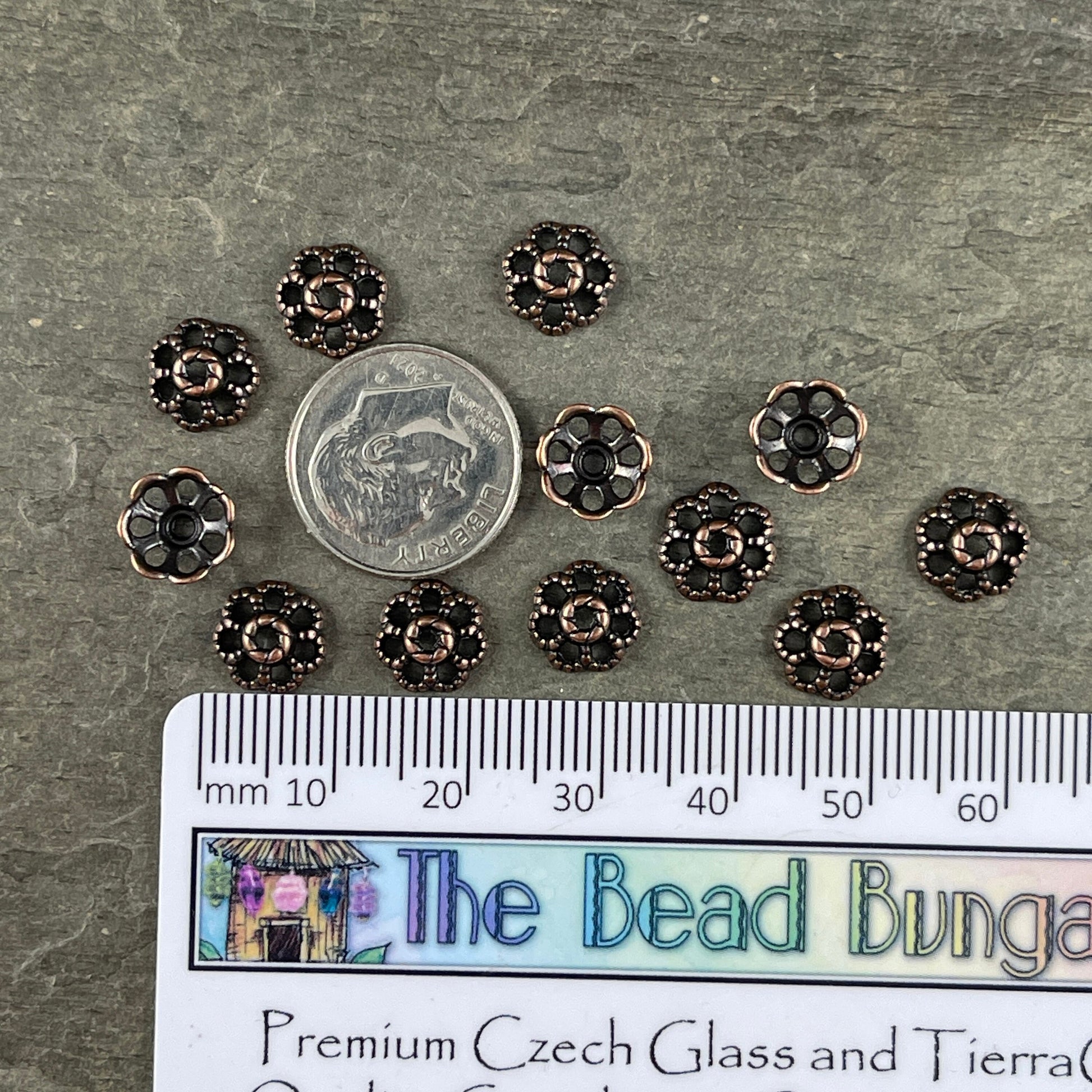 Antiqued Copper Bead Caps ~ Filigree Flower Petals, 9mm Domed Nickel Free Bead Caps (RLF0761Y-NF) * Qty. 100