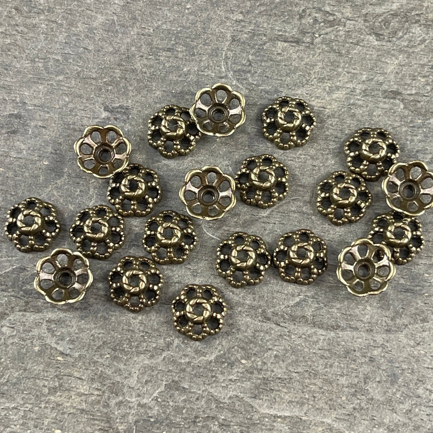 Antiqued Brass Bead Caps ~ Filigree Flower Petals, 9mm Domed Nickel Free Bead Caps (MLF0761Y-NF) * Qty. 100