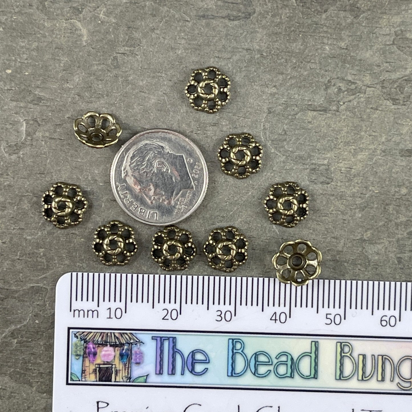 Antiqued Brass Bead Caps ~ Filigree Flower Petals, 9mm Domed Nickel Free Bead Caps (MLF0761Y-NF) * Qty. 100