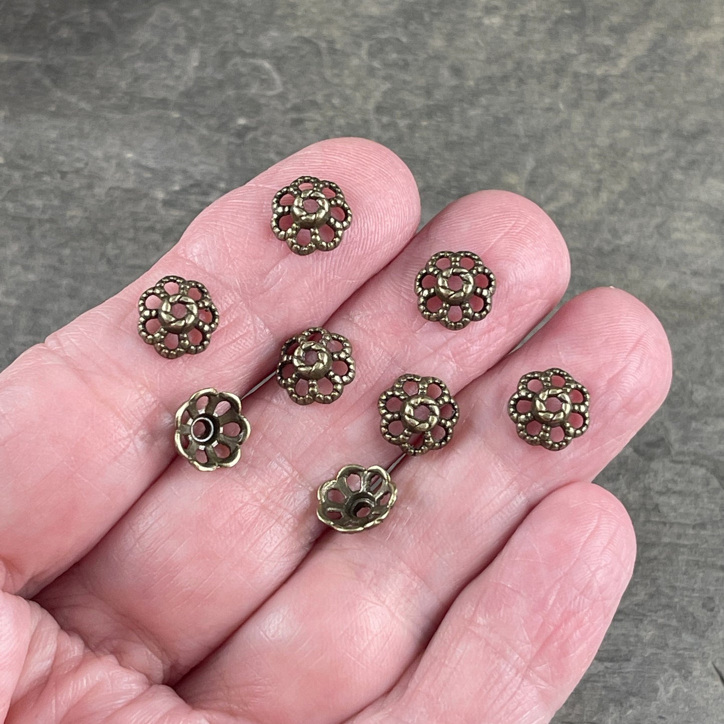 Antiqued Brass Bead Caps ~ Filigree Flower Petals, 9mm Domed Nickel Free Bead Caps (MLF0761Y-NF) * Qty. 100