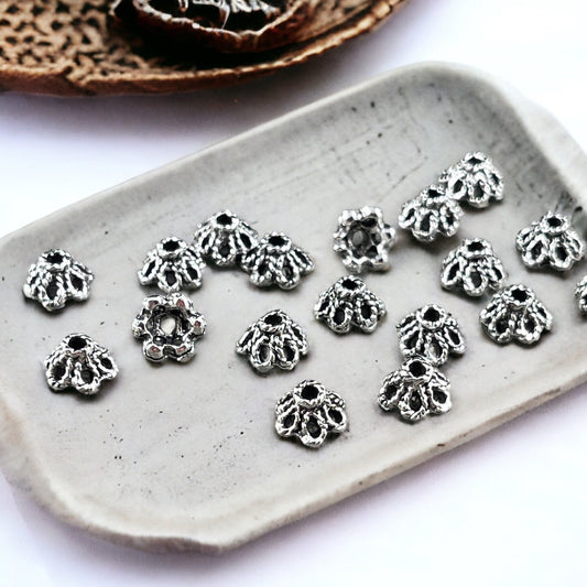 Antiqued Silver Bead Caps ~ Filigree 6-Petal Design, 6mm Cone Bead Caps, Tibetan Style (AA296) * Qty. 50