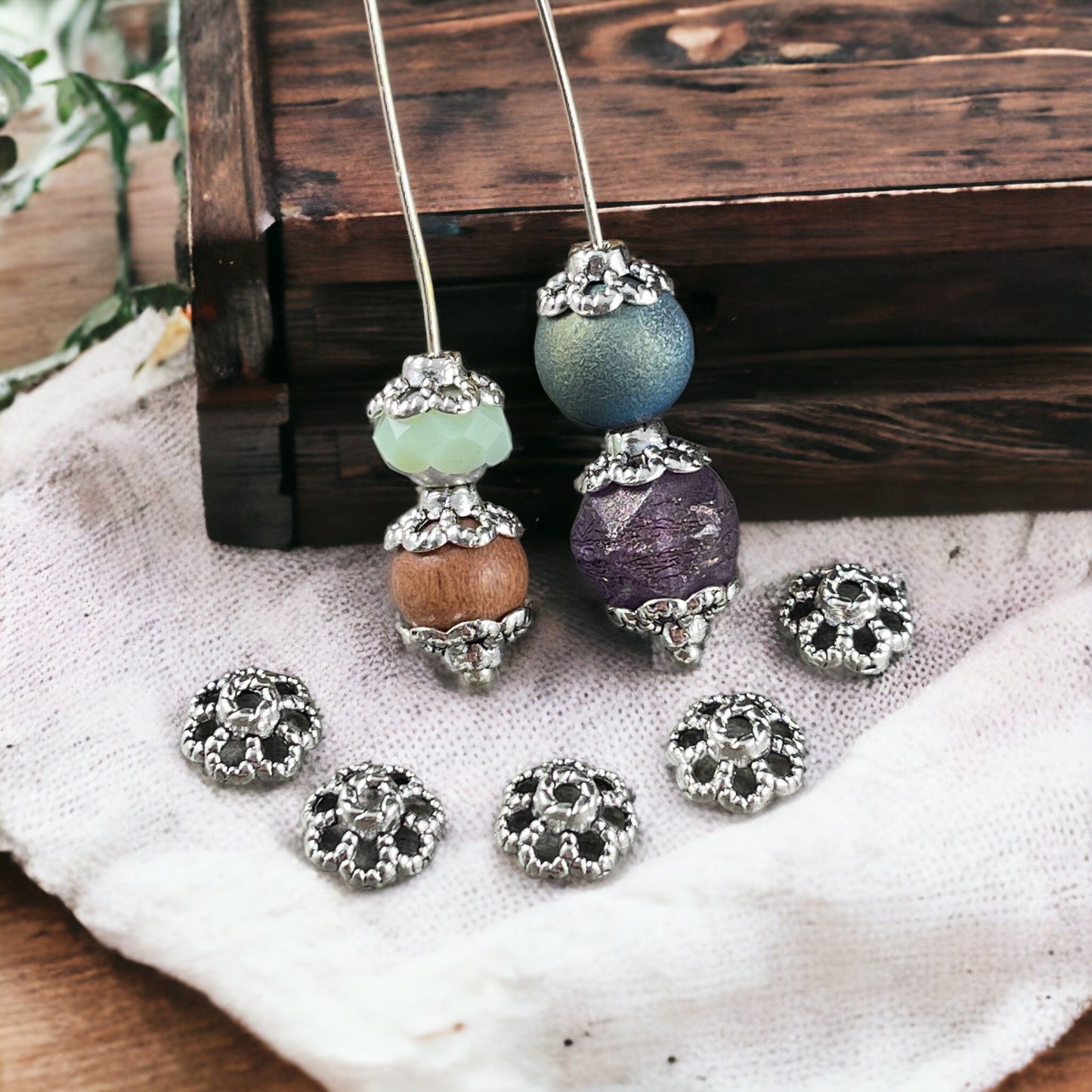 Antiqued Silver Bead Caps ~ Filigree Flower Petals, 9mm Domed Nickel Free Bead Caps (LF0761Y-NF) * Qty. 100