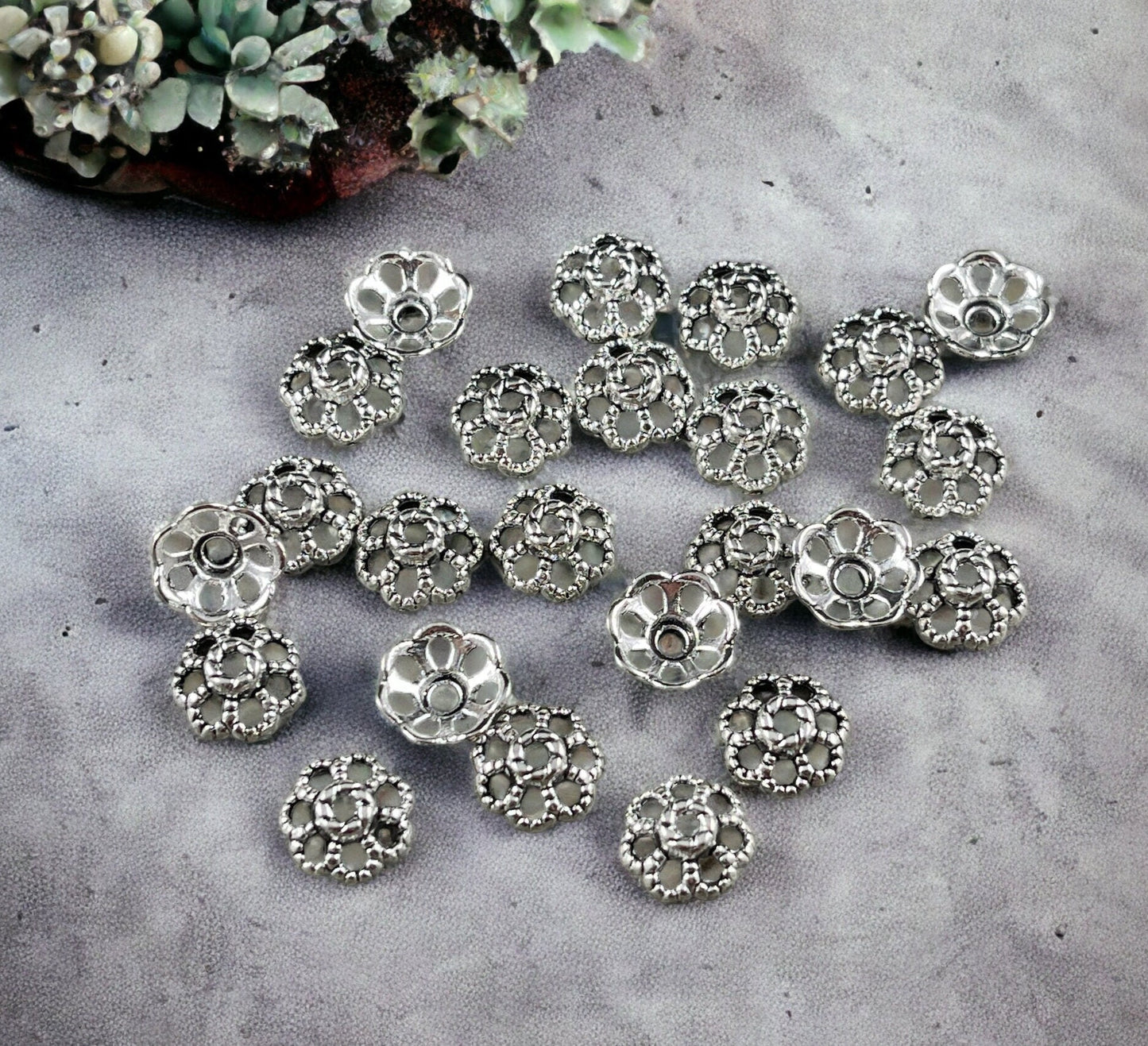 Antiqued Silver Bead Caps ~ Filigree Flower Petals, 9mm Domed Nickel Free Bead Caps (LF0761Y-NF) * Qty. 100