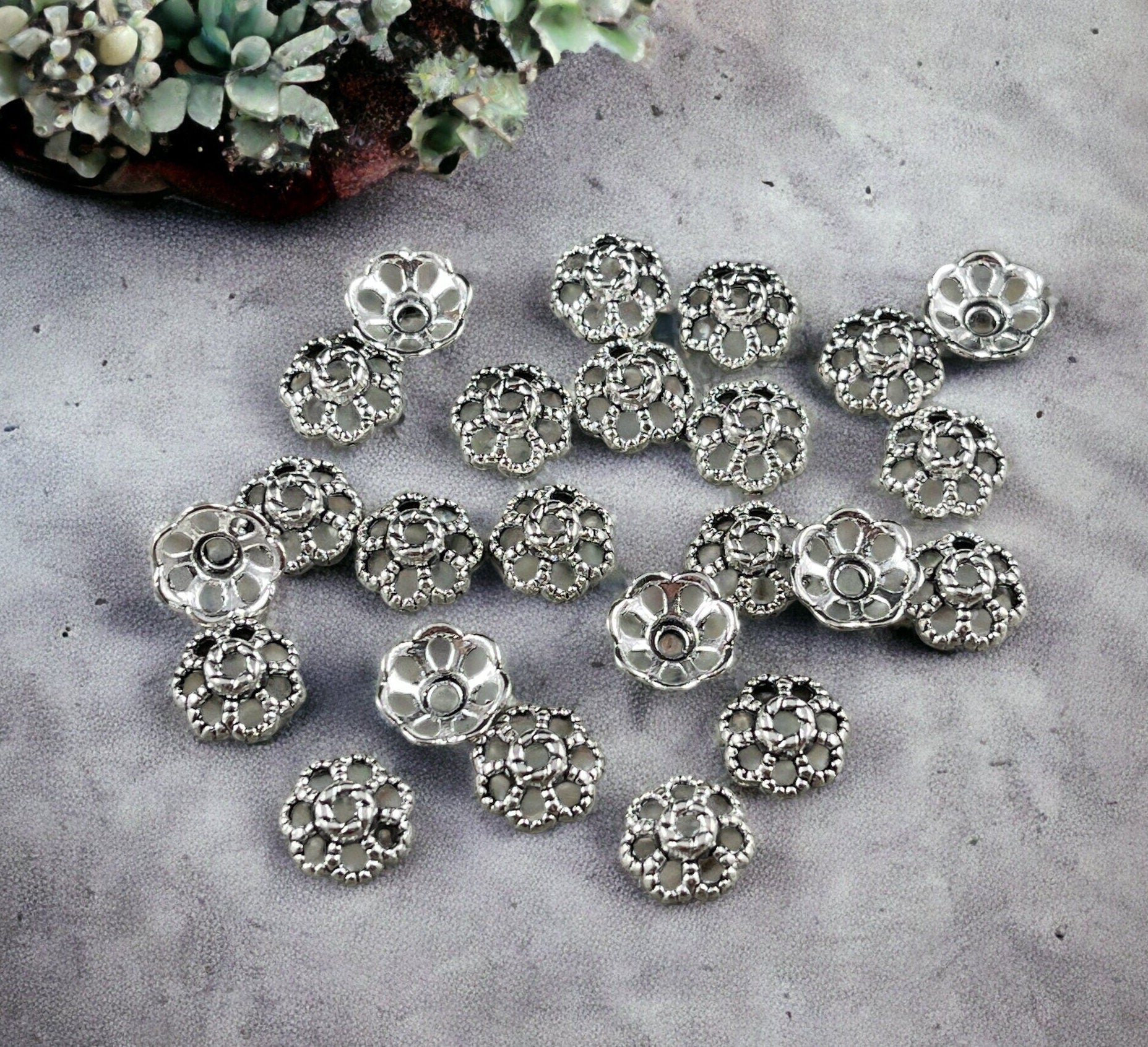 Antiqued Silver Bead Caps ~ Filigree Flower Petals, 9mm Domed Nickel Free Bead Caps (LF0761Y-NF) * Qty. 100