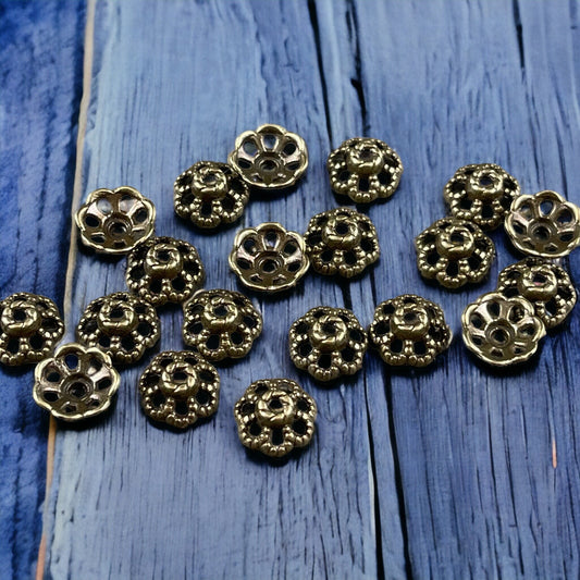 Antiqued Brass Bead Caps ~ Filigree Flower Petals, 9mm Domed Nickel Free Bead Caps (MLF0761Y-NF) * Qty. 100