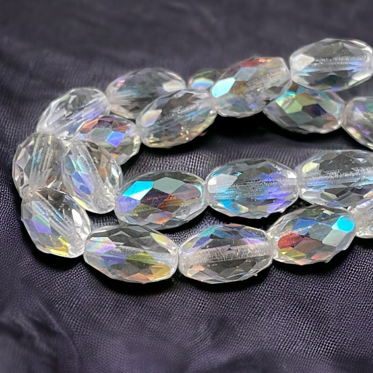 Crystal AB Czech Glass Beads, 12mm Faceted Oval Beads, Transparent Oval Bead with AB Finish (FOV/N-1594) * Qty. 6