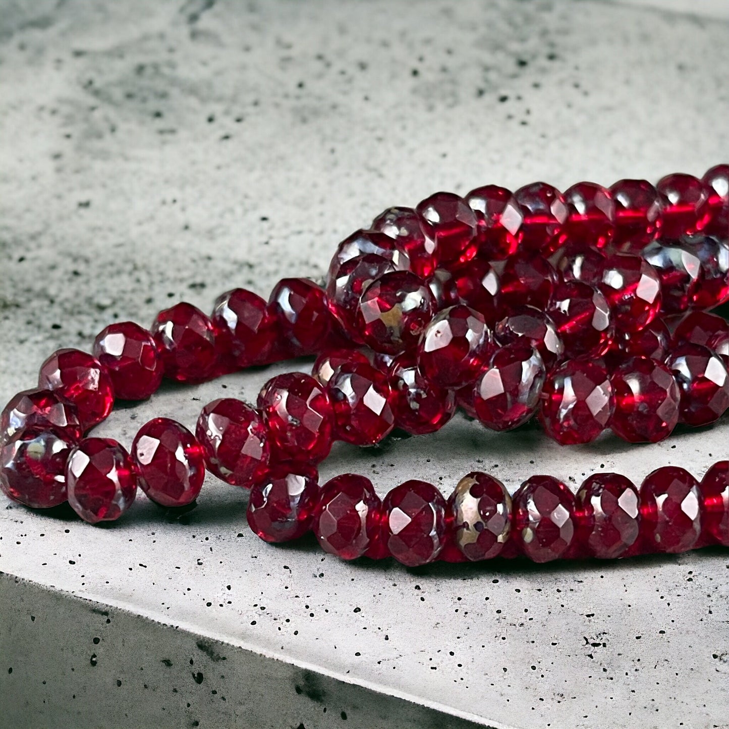 7x5mm Red Czech Glass Beads ~ Transparent Ruby Red Faceted Rondelles with Picasso Finish (R7/N-0720) * Qty. 25