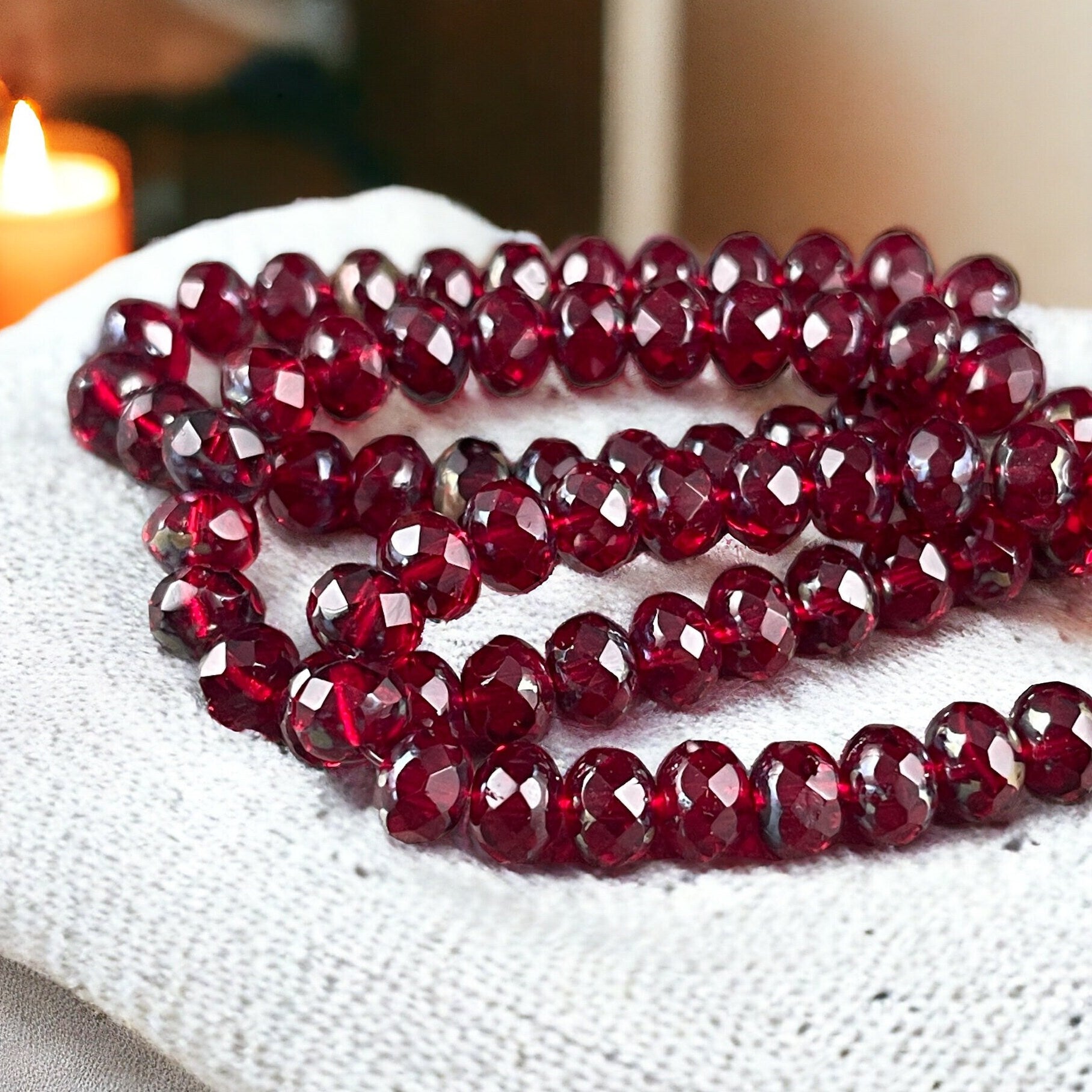 7x5mm Red Czech Glass Beads ~ Transparent Ruby Red Faceted Rondelles with Picasso Finish (R7/N-0720) * Qty. 25