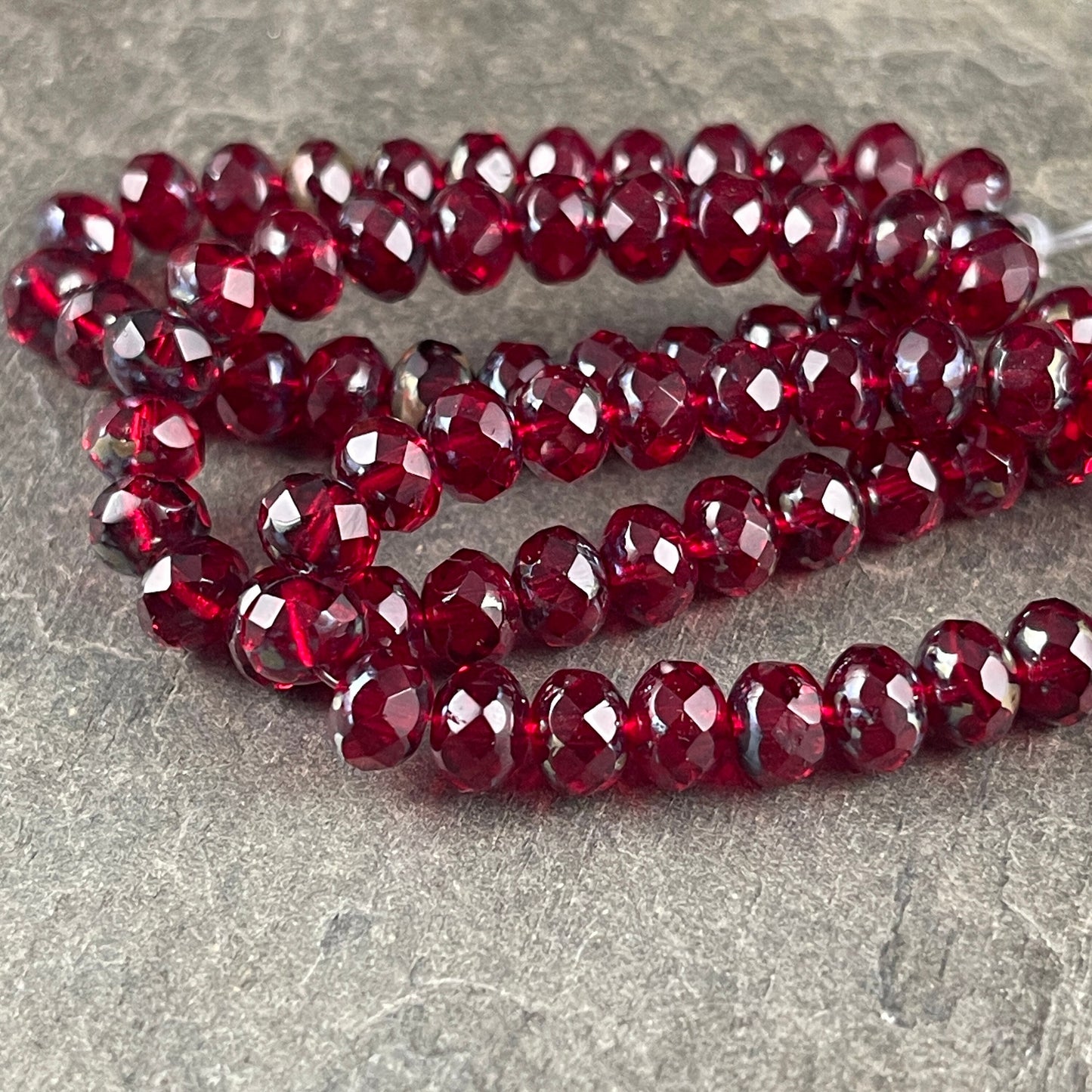 7x5mm Red Czech Glass Beads ~ Transparent Ruby Red Faceted Rondelles with Picasso Finish (R7/N-0720) * Qty. 25