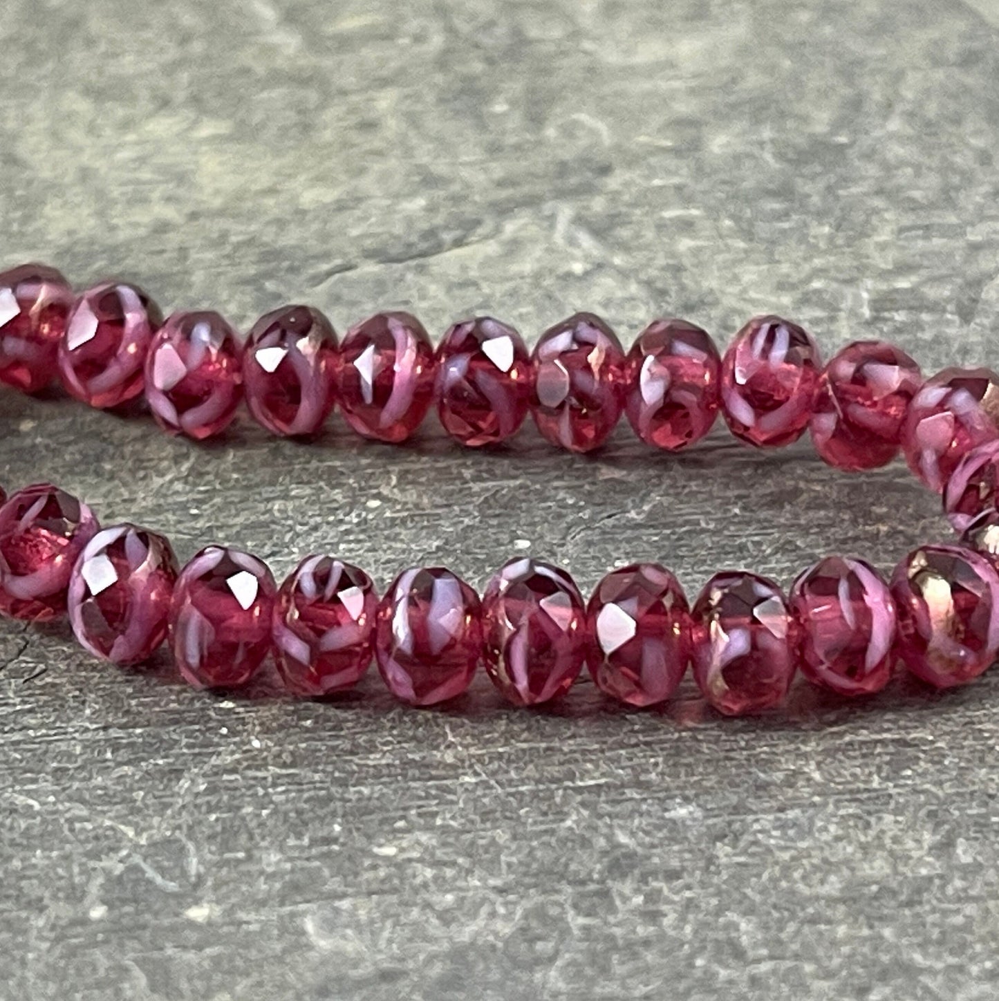 Fuchsia Pink Czech Glass Beads ~ 5x3mm Faceted Rondelles ~ Rosewood and White with Mother of Pearl Picasso (R5/N-0179) * Qty. 30