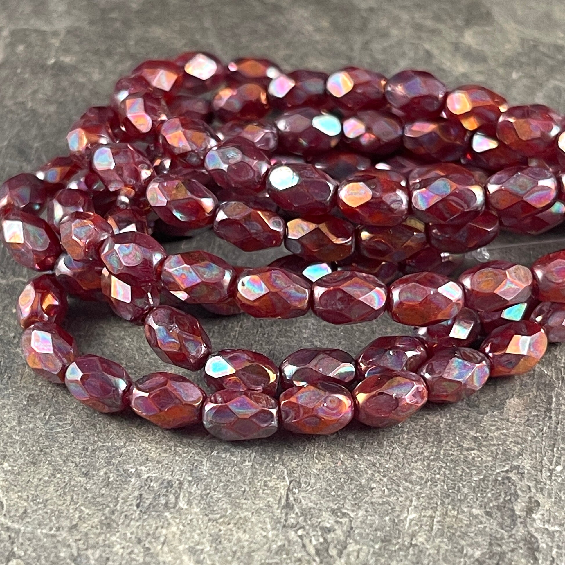 Ruby Red with Bronze AB Finish ~ 7x5mm Faceted Oval Beads ~ 7mm Rust Red Metallic Finish Czech Glass Beads (FOV/N-1704) * Qty. 20