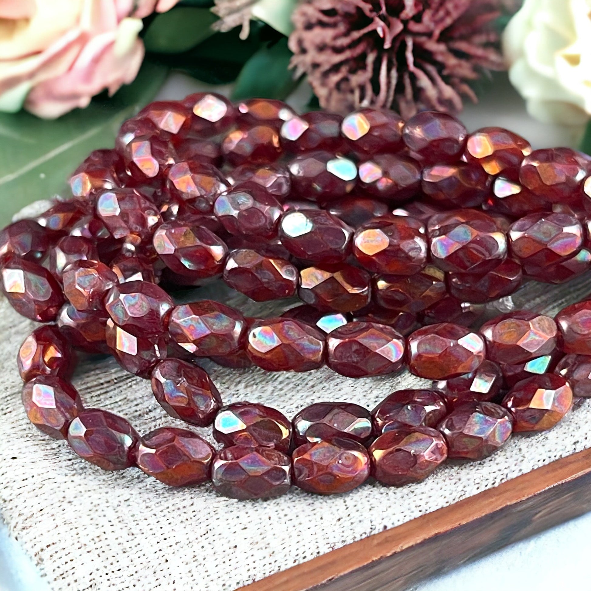 Ruby Red with Bronze AB Finish ~ 7x5mm Faceted Oval Beads ~ 7mm Rust Red Metallic Finish Czech Glass Beads (FOV/N-1704) * Qty. 20