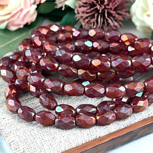 Ruby Red with Bronze AB Finish ~ 7x5mm Faceted Oval Beads ~ 7mm Rust Red Metallic Finish Czech Glass Beads (FOV/N-1704) * Qty. 20