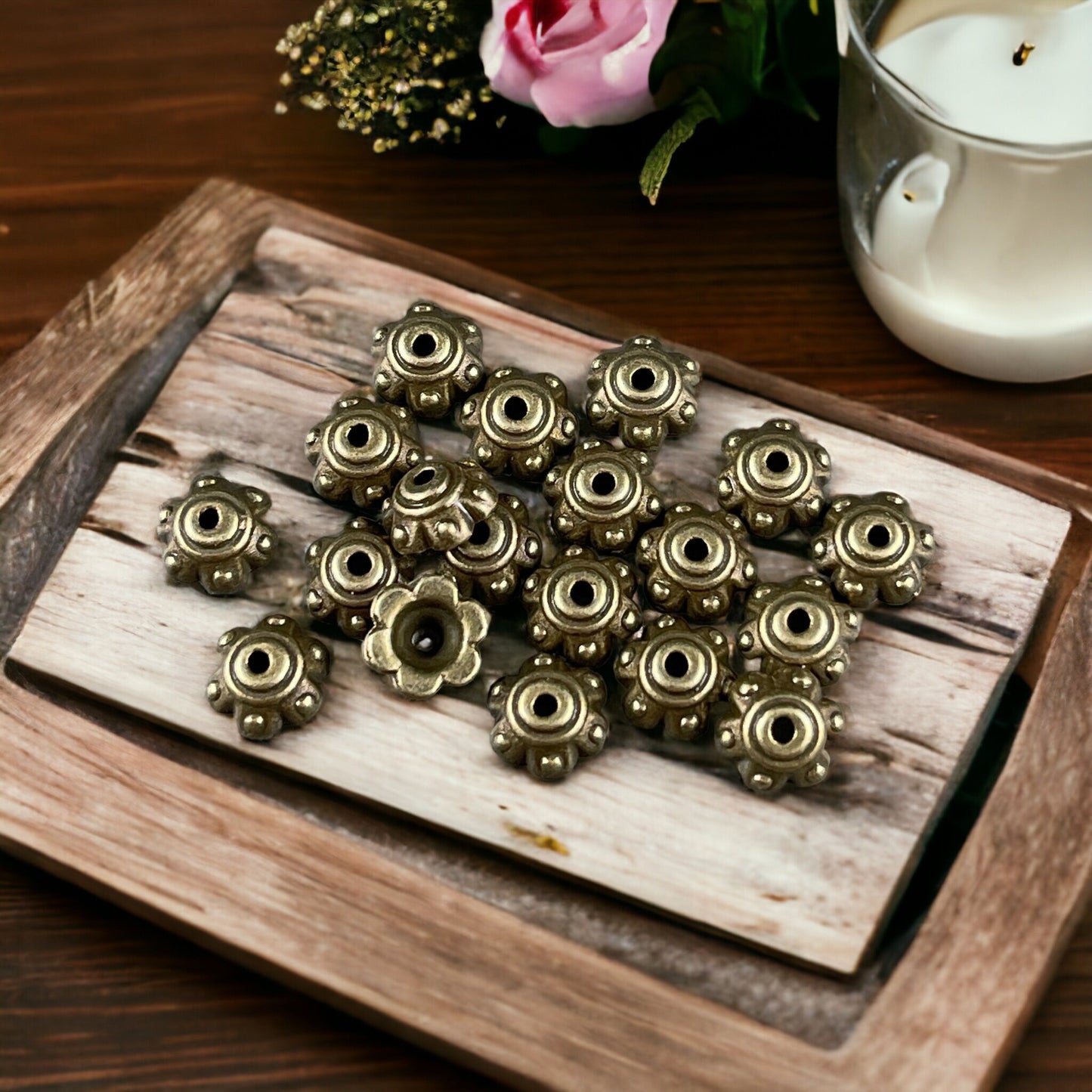 Bronze Bead Caps ~ 7mm Tibetan Style Metal Bead Caps, Nickel Free Floral Theme Bead Caps (MLF0571Y) * Qty. 100