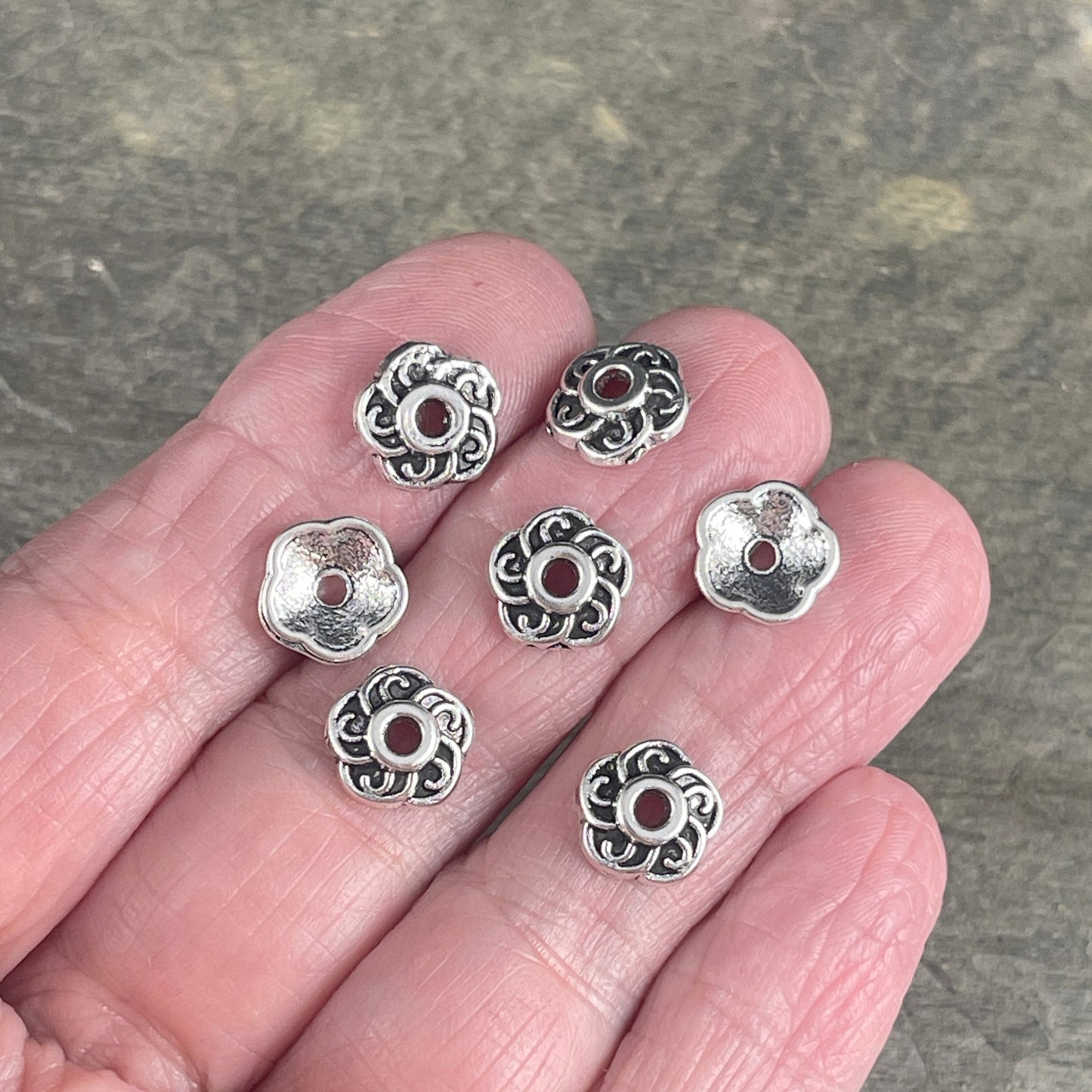 Antiqued Silver Bead Caps ~ Tibetan Style 9mm Swirly Petal Bead Caps, Nickel Free Large Shallow Bead Caps (LF0459Y) * Qty. 100