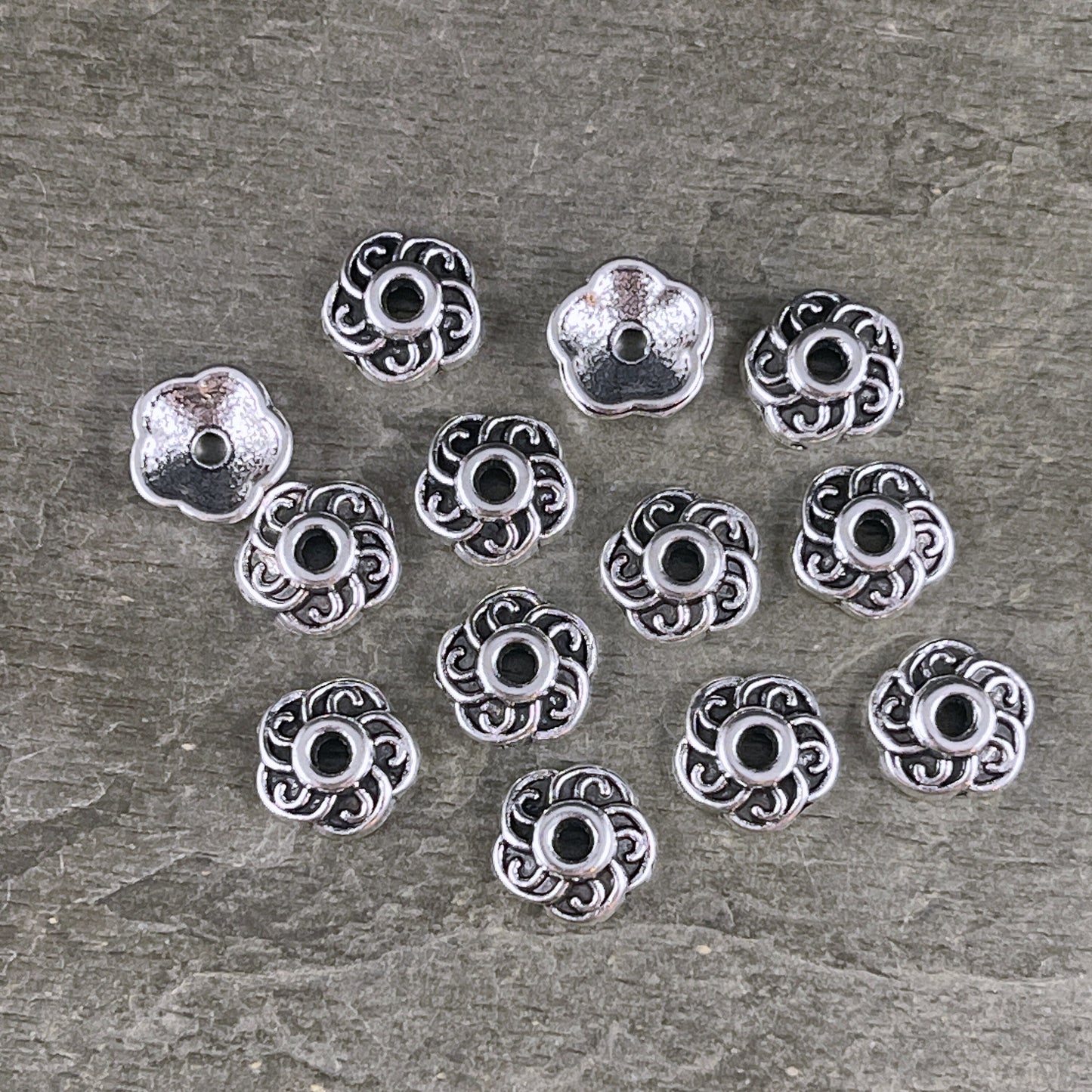 Antiqued Silver Bead Caps ~ Tibetan Style 9mm Swirly Petal Bead Caps, Nickel Free Large Shallow Bead Caps (LF0459Y) * Qty. 100