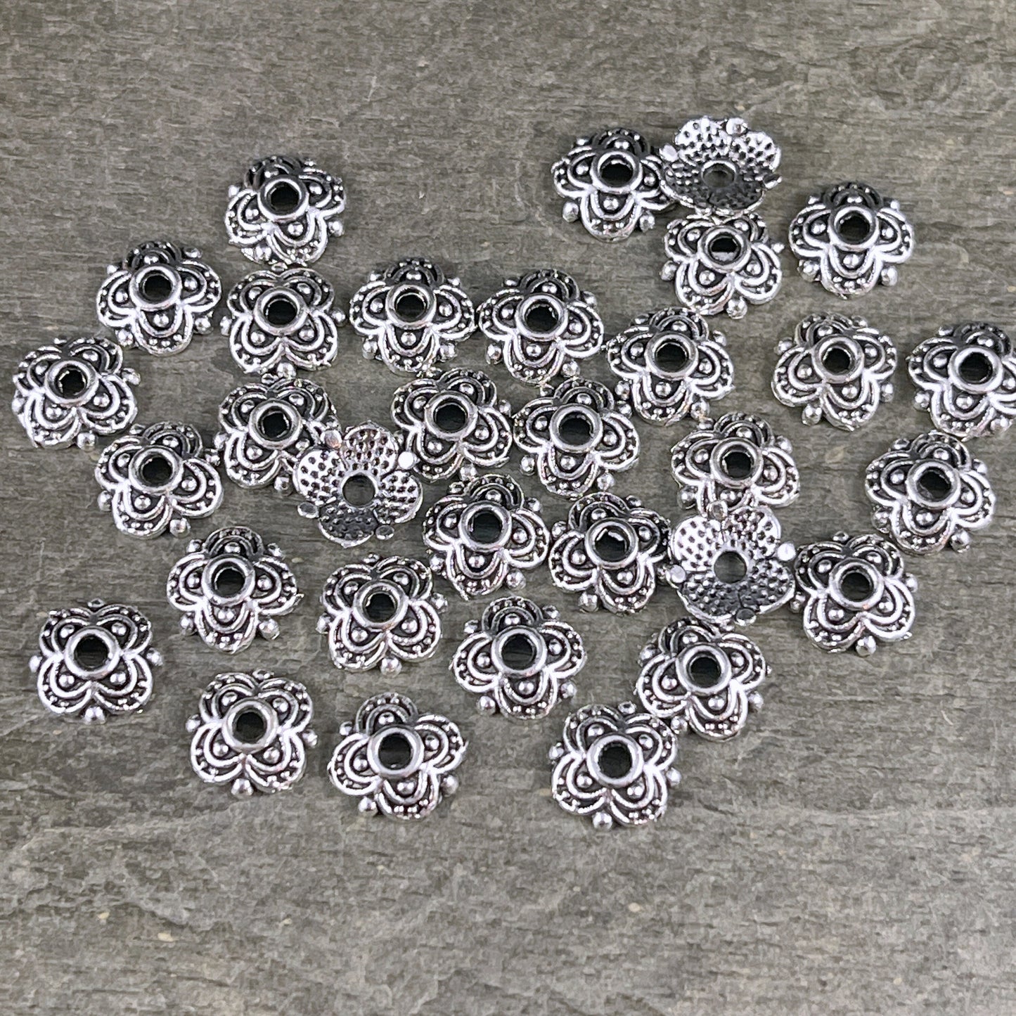 Antiqued Silver Bead Caps ~ 8mm Four Petal Flower Bead Caps, Nickel Free Bead Caps (E381-01AS) * Qty. 100