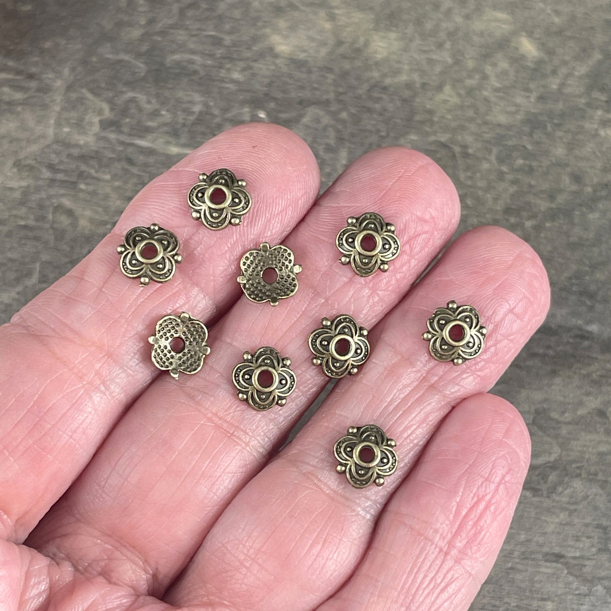 Antiqued Brass Bead Caps ~ 8mm Four Petal Flower Bead Caps, Nickel Free Bead Caps, Bronze Bead Caps (S222-AB) * Qty. 100