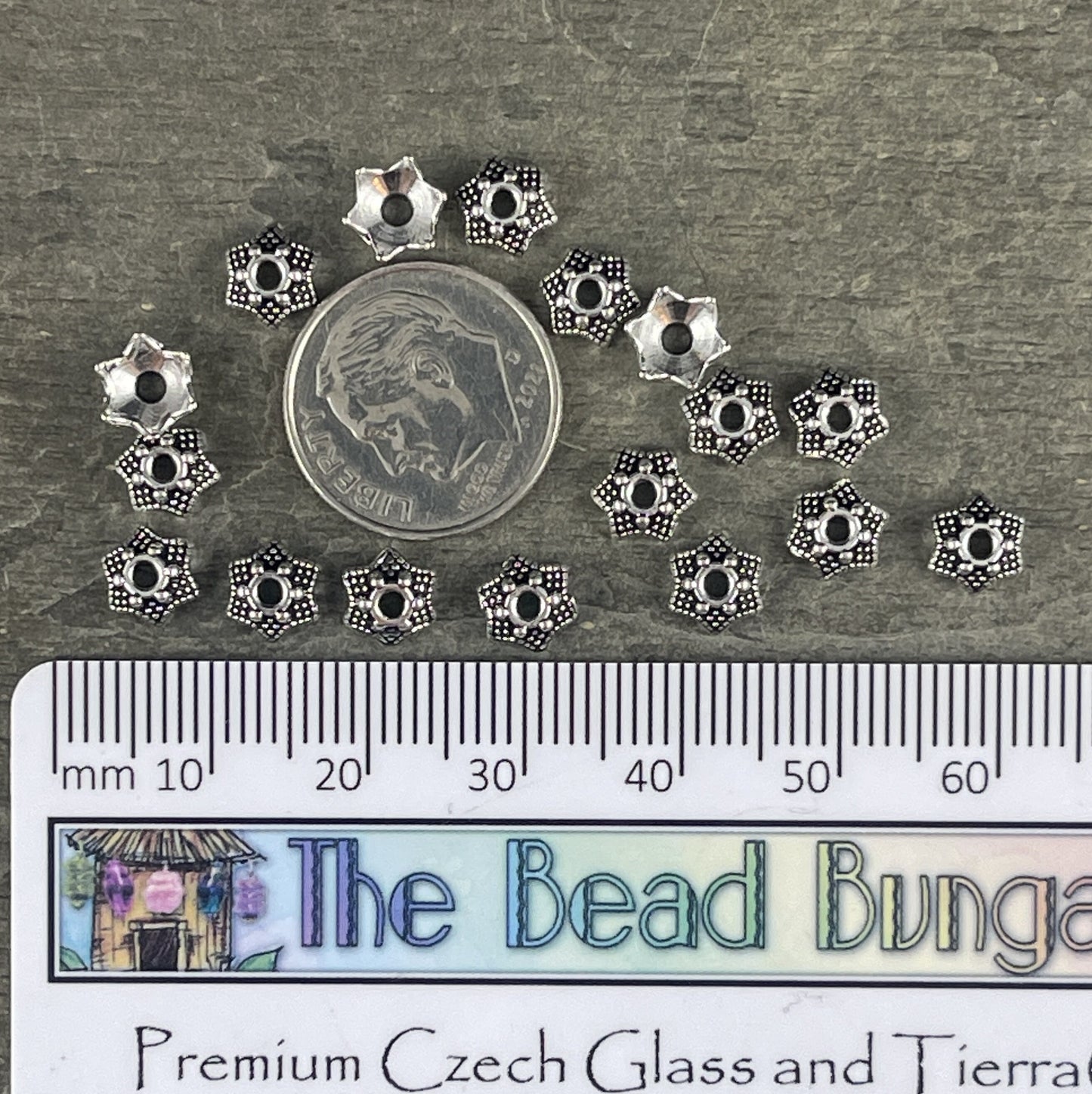 Antiqued Silver Bead Caps ~ 7mm 6-Point Star Bead Caps, Nickel Free Bead Caps (AA188-AS-NR) * Qty. 100