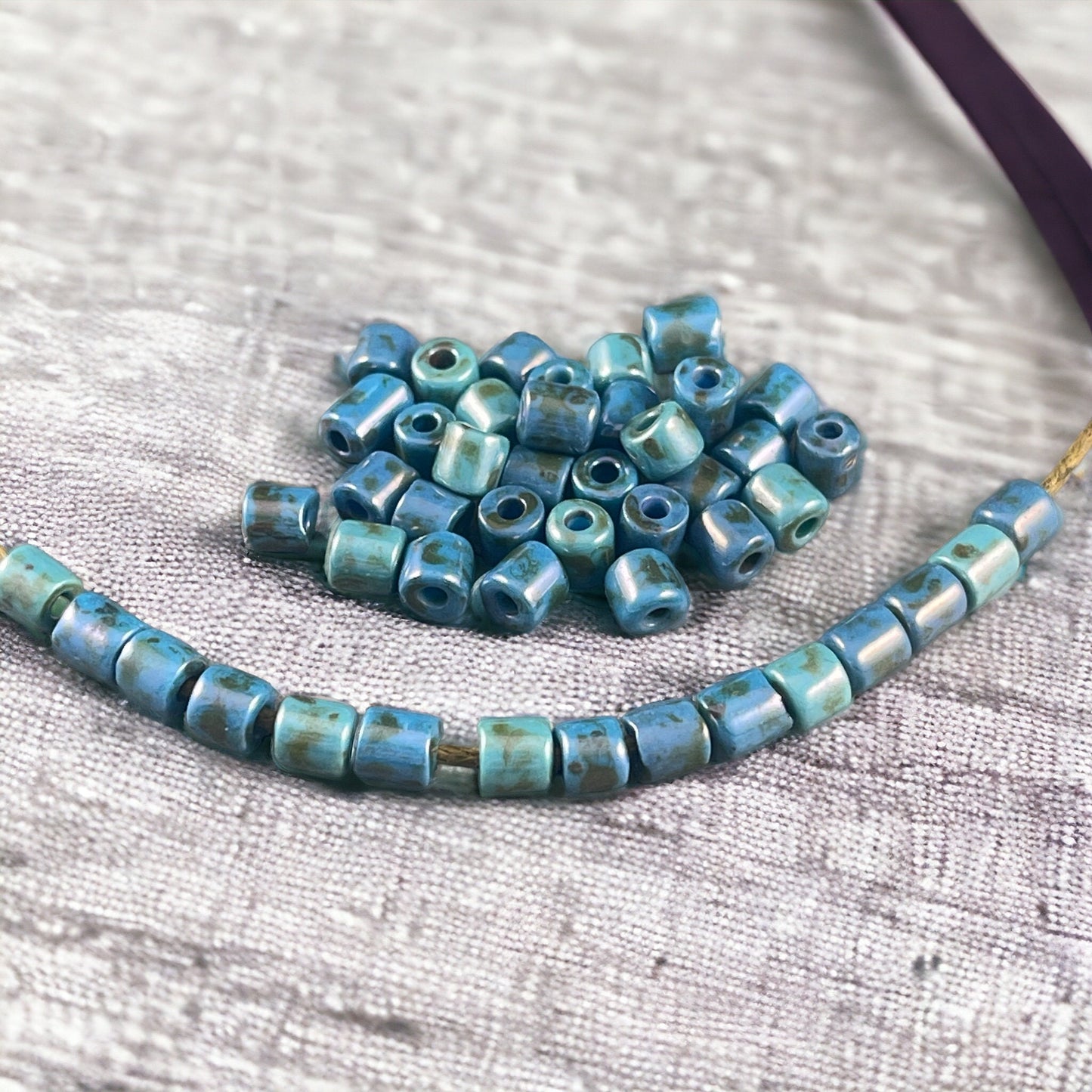 4mm Czech Glass Tube Shape Beads, Glossy Turquoise Alabaster Short Tubes (6/0T-22323G) * 10" strand