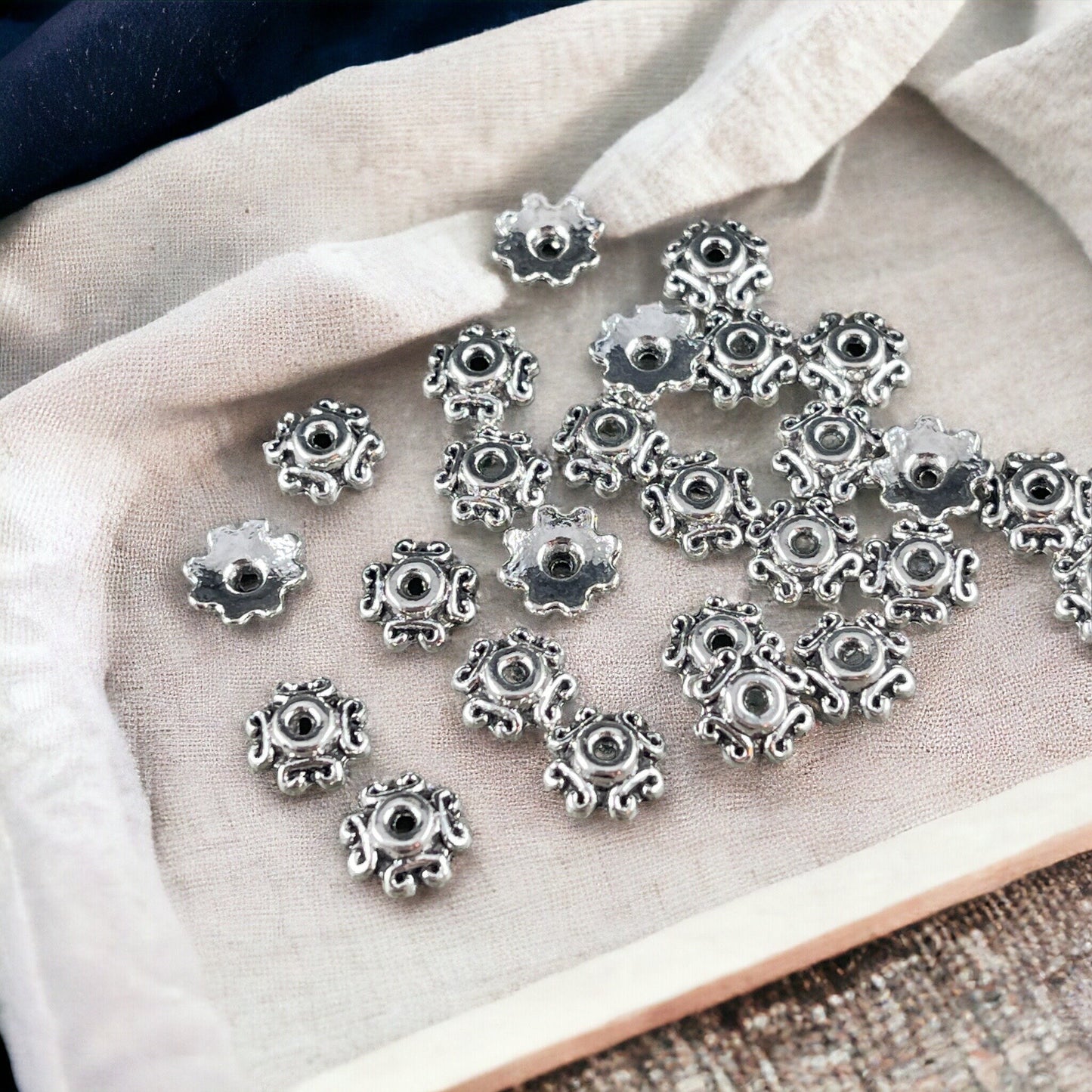 Antiqued Silver Bead Caps ~ Tibetan Style 7mm Ornate Bead Caps, Squarish Bead Caps(S039-054AS) * Qty. 100