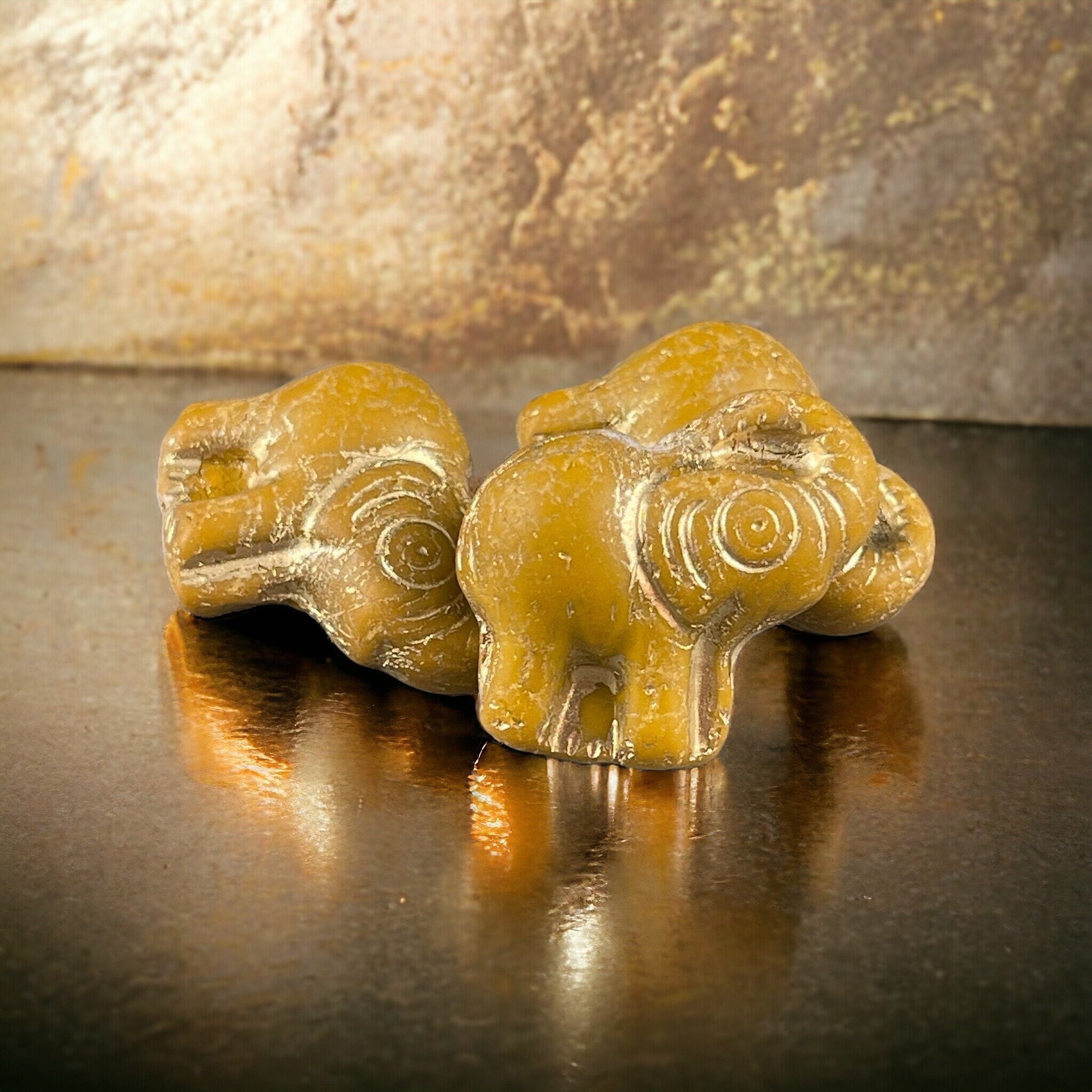 Elephant Bead, Czech Glass Beads, Matte Ocre Elephant with Gold Wash, 20x23mm Mustard Yellow Elephant (Pack8) * Qty. 2