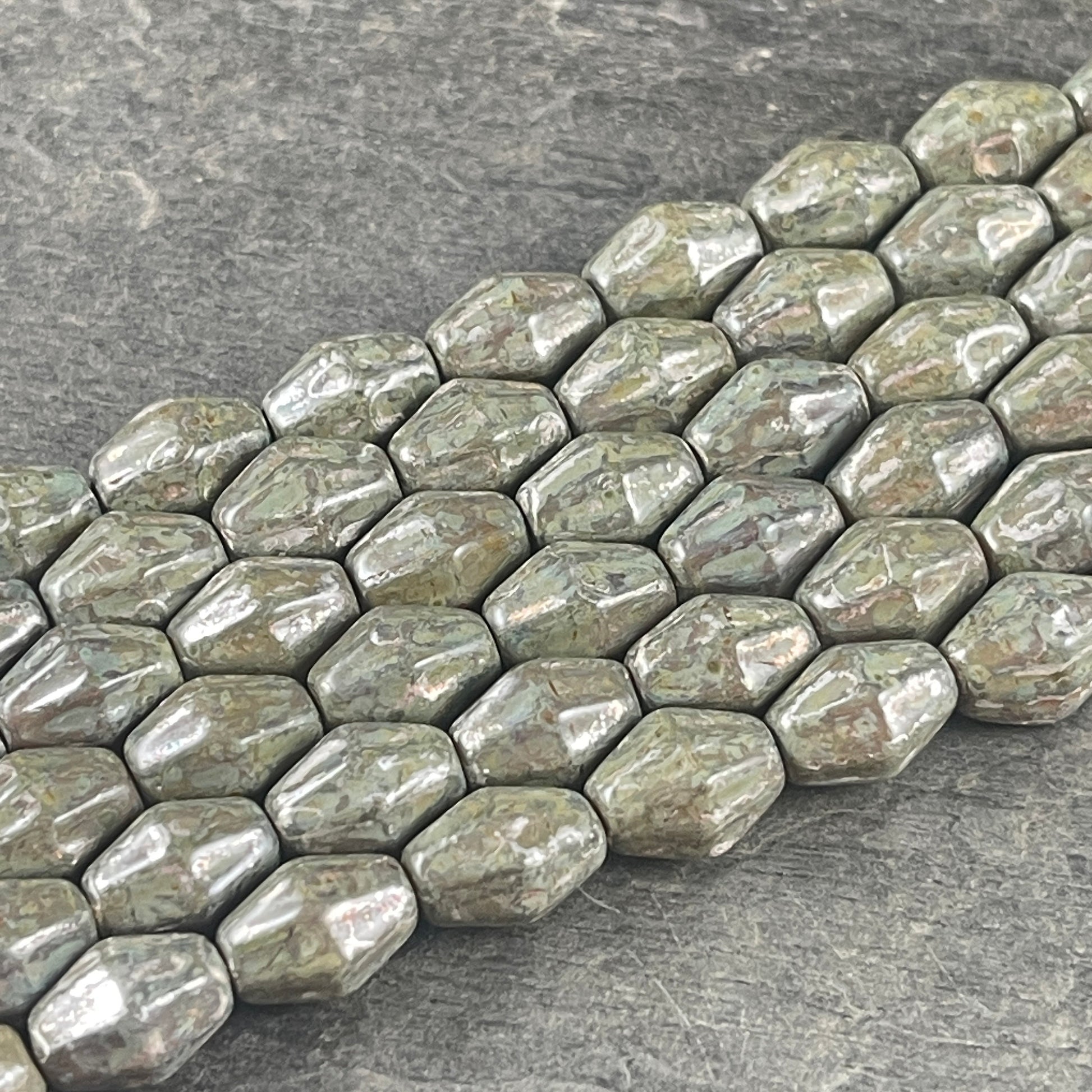 Czech Glass Beads - Olive Green Bicone, 10x8mm Bicone Beads, Picasso Beads, Olive Green with Rembrandt Finish (OCB/BIC12) * Qty. 10