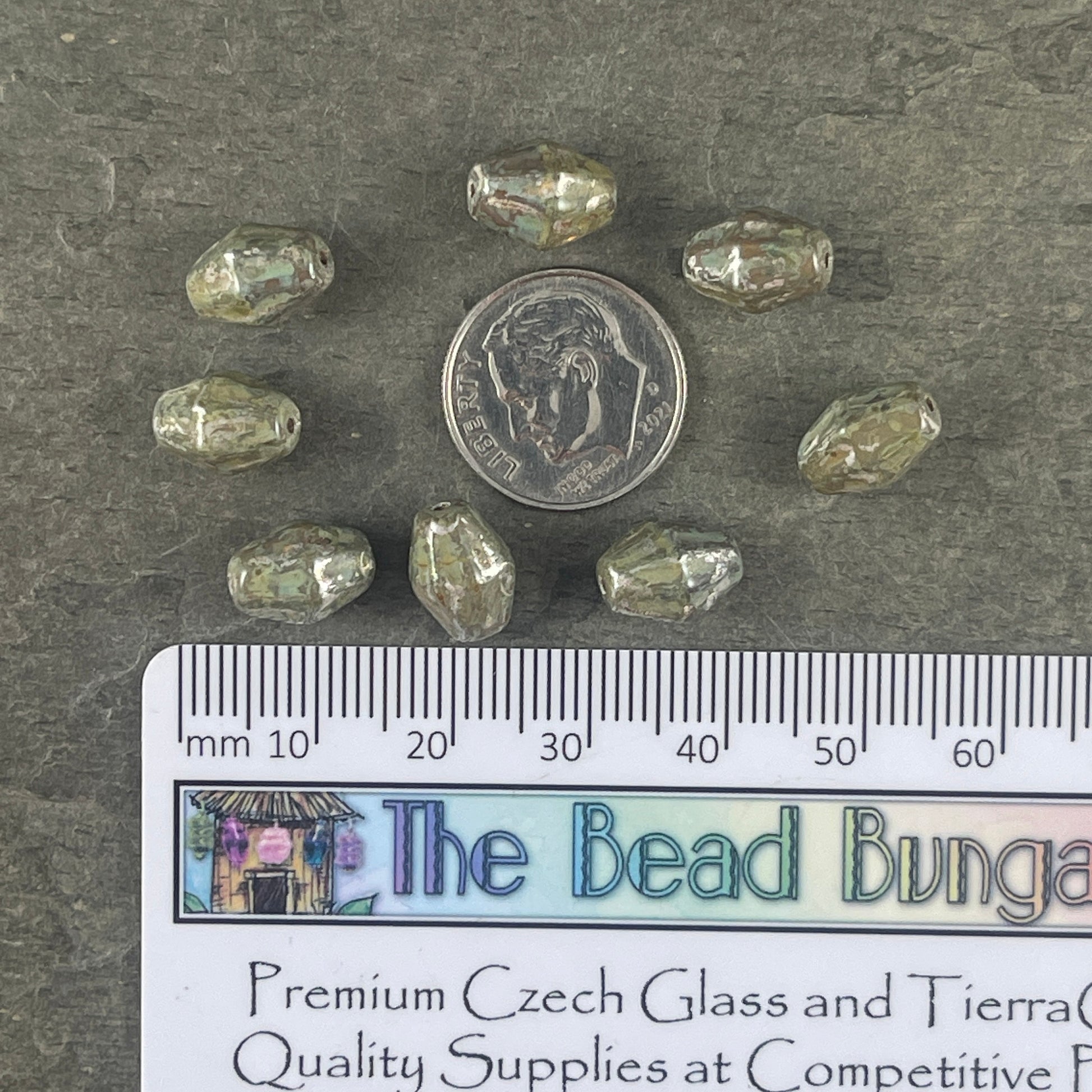 Czech Glass Beads - Olive Green Bicone, 10x8mm Bicone Beads, Picasso Beads, Olive Green with Rembrandt Finish (OCB/BIC12) * Qty. 10