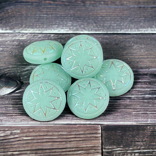 Star of Ishtar - Czech Glass Beads ~ Matte Mint Green with AB ~ Light Pastel Green Star of Ishtar Beads (PSOI-3) * Qty. 4