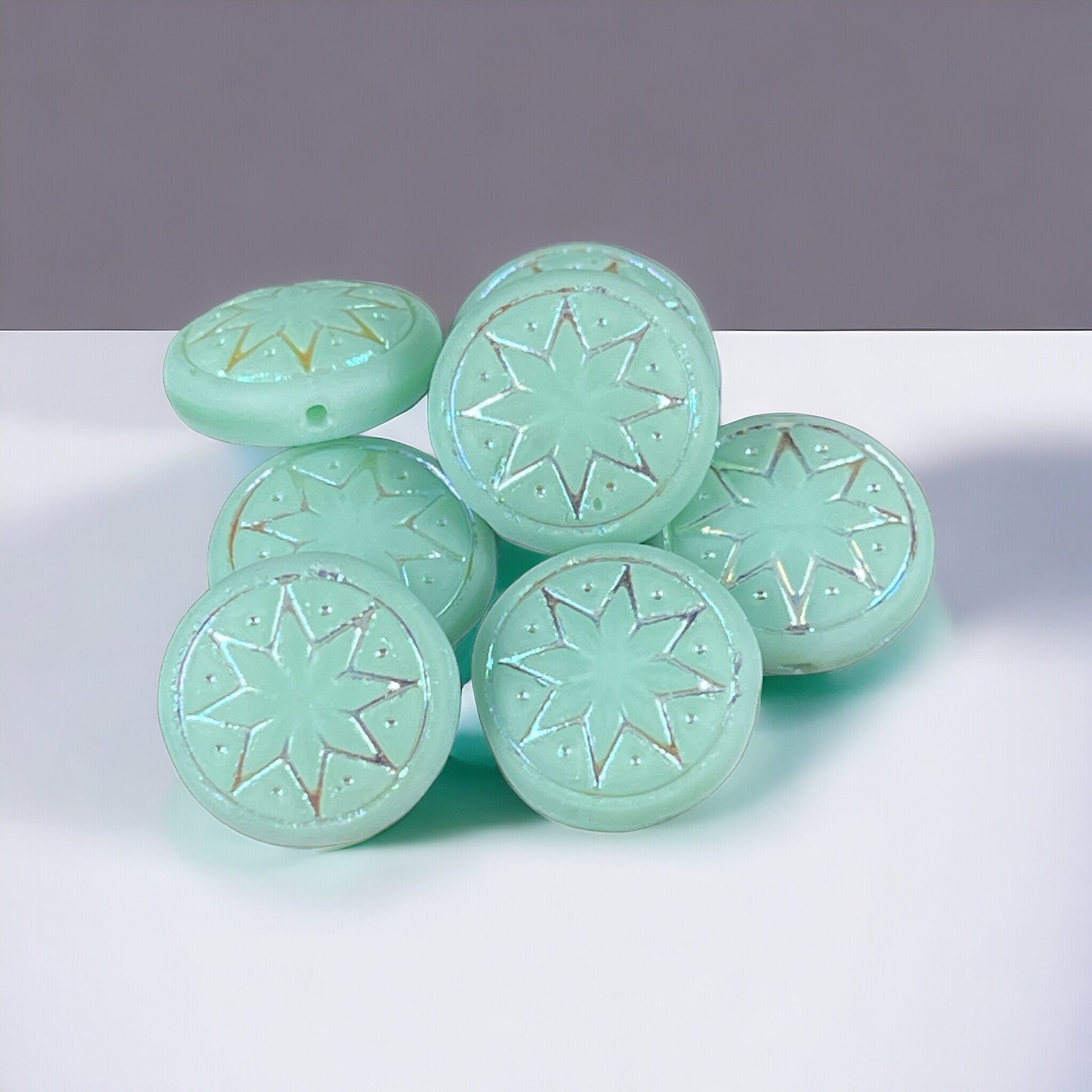 Star of Ishtar - Czech Glass Beads ~ Matte Mint Green with AB ~ Light Pastel Green Star of Ishtar Beads (PSOI-3) * Qty. 4