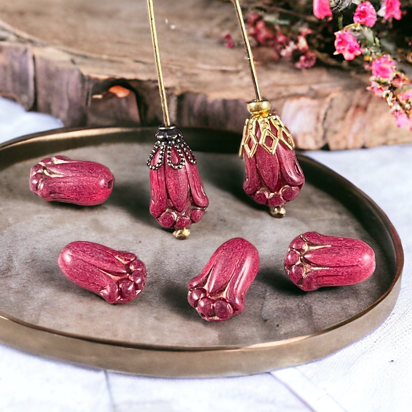 Fuchsia Flower, Czech Glass Beads, 12x8mm Lily Bud Flower, Milky Fuchsia Pink Flower Bead (LBud3) Czech Glass Flower * Qty. 12