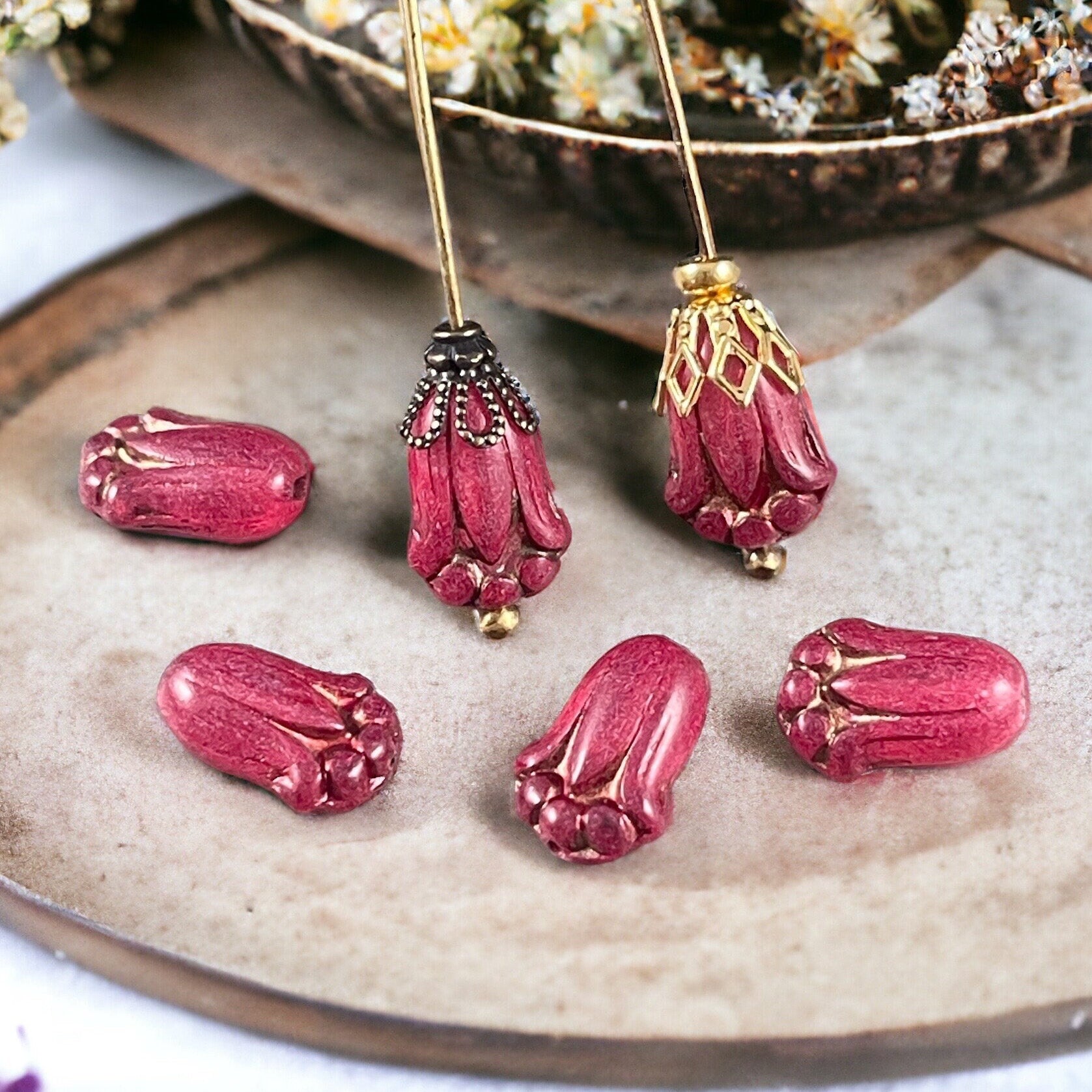 12x8mm Lily Bud Flower Assortment, Fuchsia Pink, Light Blue and Lavender Flower Beads (LBud-Mix) * Qty. 12