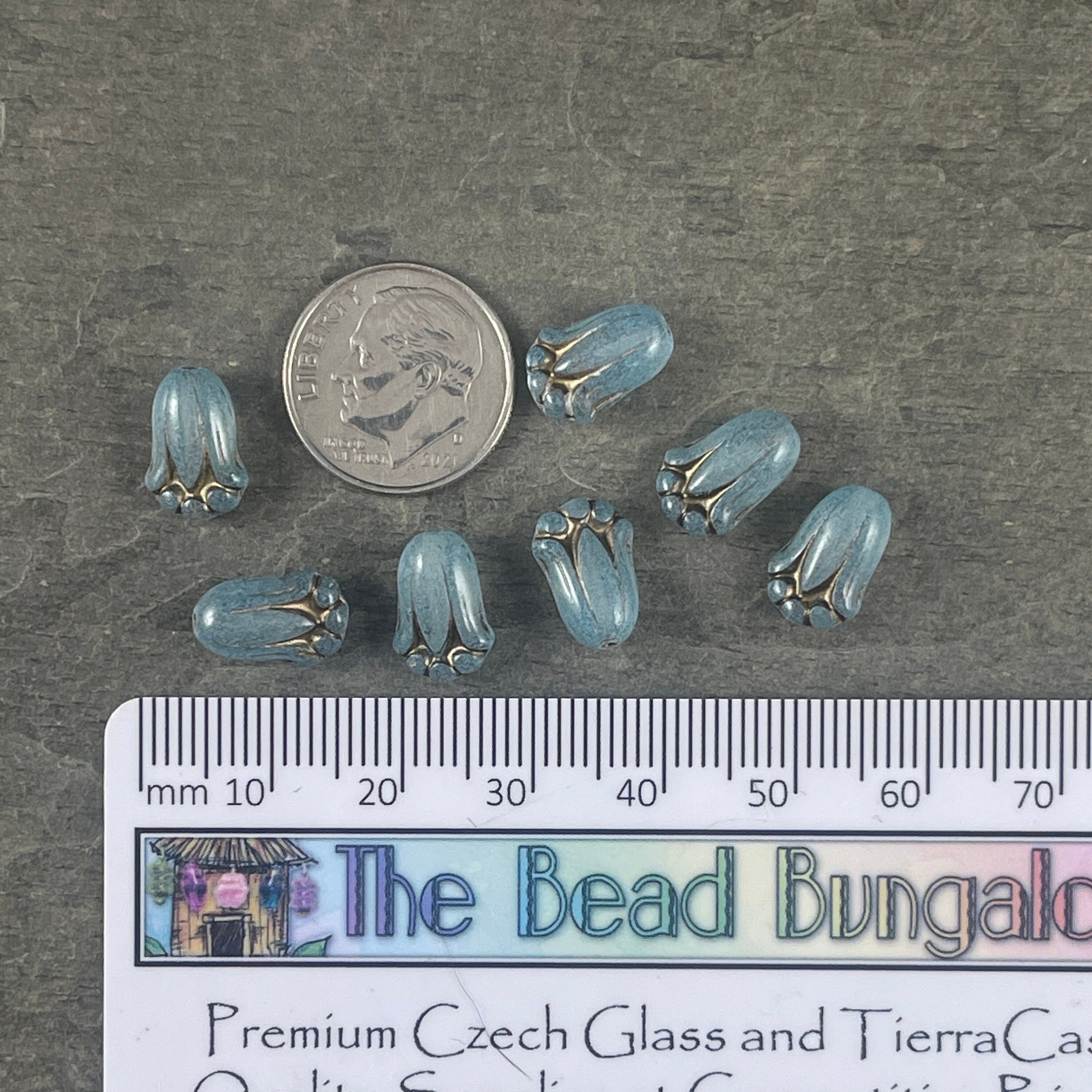 Aqua Blue Opaline Flower with Bronze Wash, Czech Glass Beads, 12x8mm Lily Bud Flower, Aqua Blue Flower Bead (LBud1) Czech Flower * Qty. 12