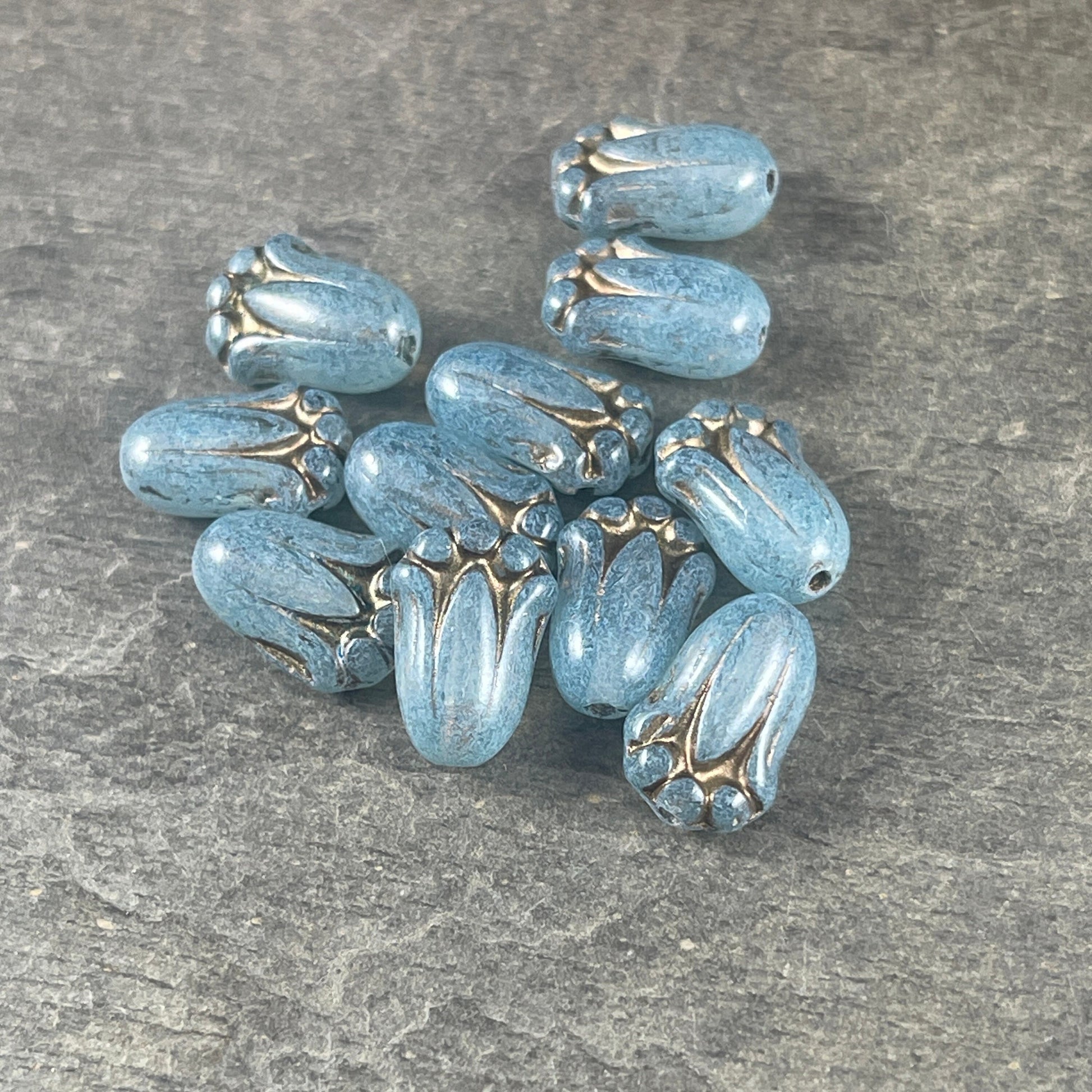 Aqua Blue Opaline Flower with Bronze Wash, Czech Glass Beads, 12x8mm Lily Bud Flower, Aqua Blue Flower Bead (LBud1) Czech Flower * Qty. 12