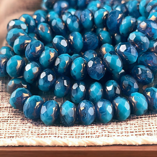 8x6mm Cerulean and Capri Blue Faceted Czech Glass Rondelles with Bronze Picasso ~ Two-tone Blue Glass Beads (R8/RJ-2712) * Qty. 25