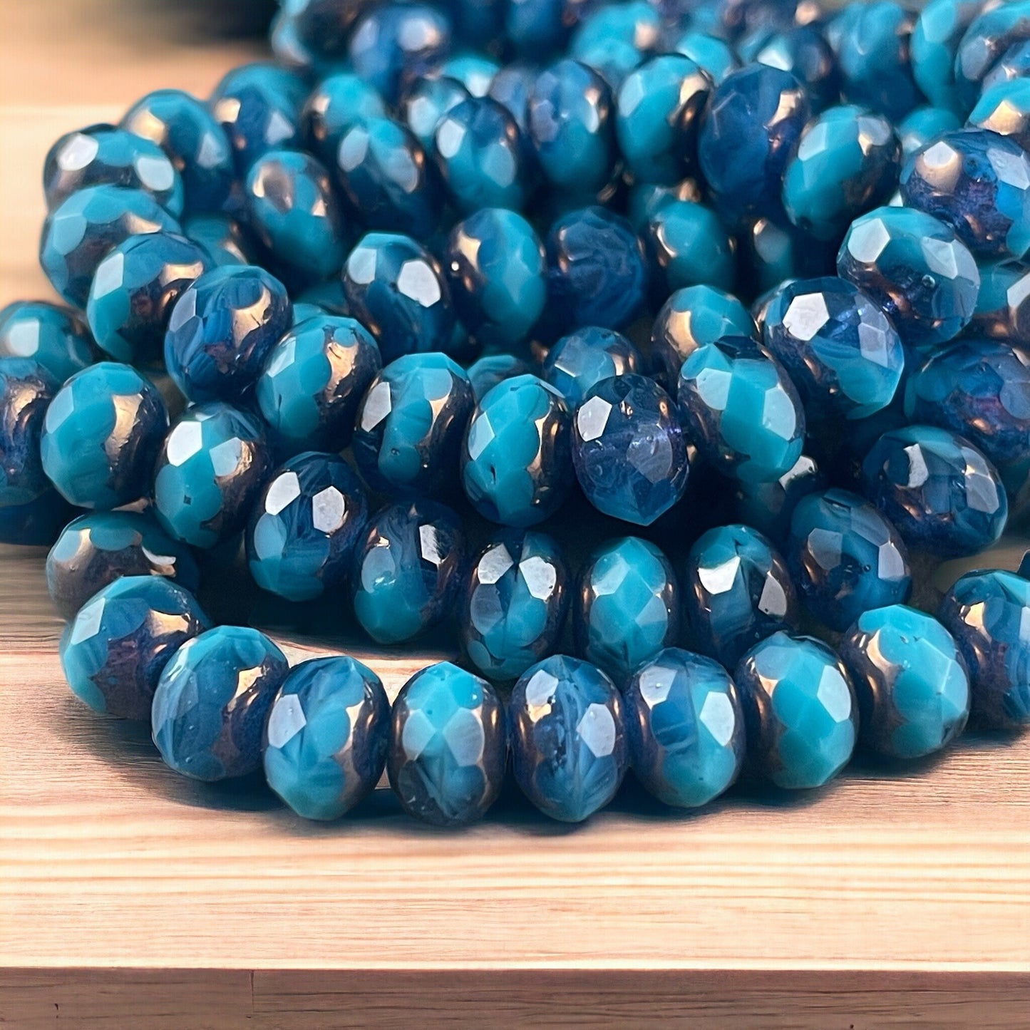 8x6mm Cerulean and Capri Blue Faceted Czech Glass Rondelles with Bronze Picasso ~ Two-tone Blue Glass Beads (R8/RJ-2712) * Qty. 25