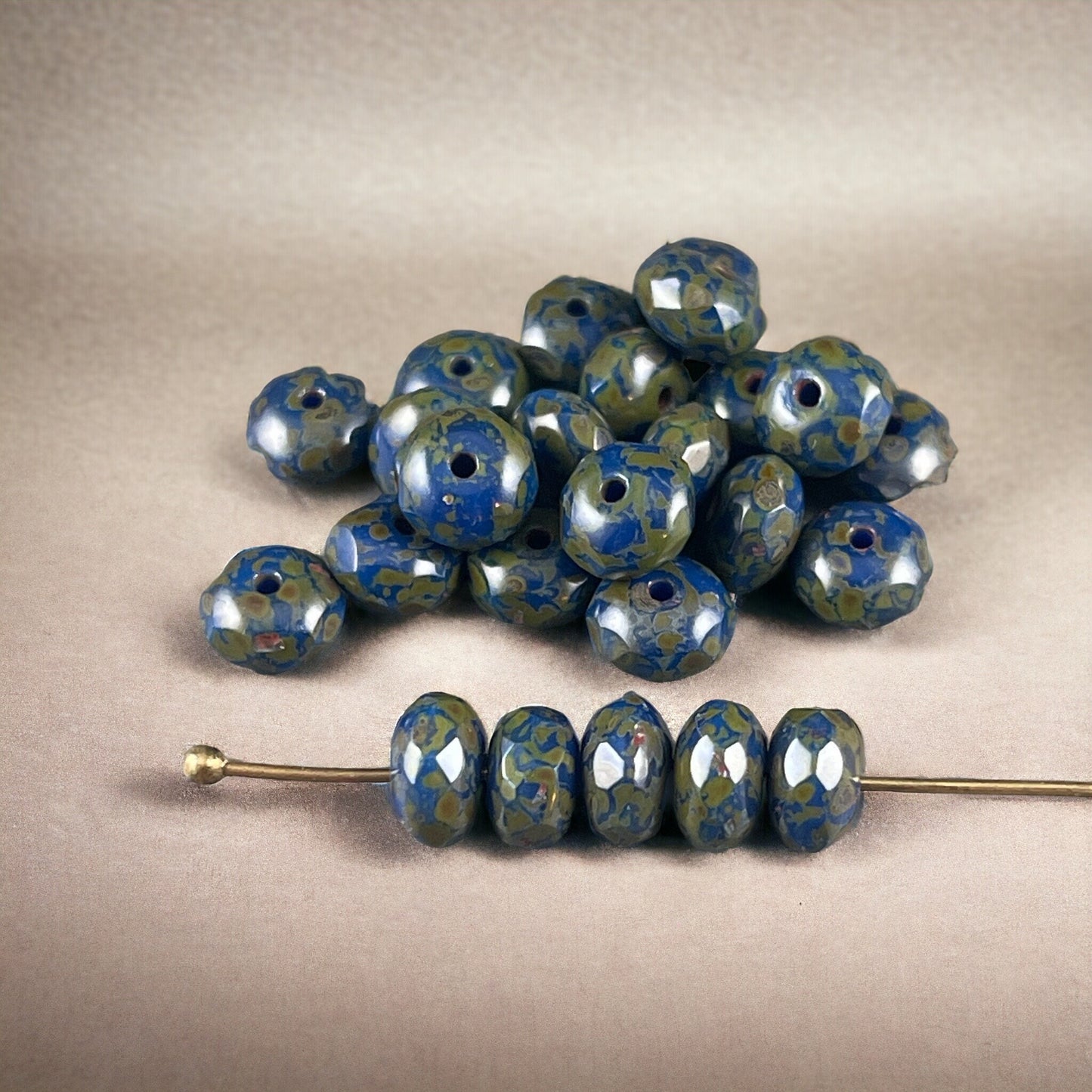 7x5mm Navy Blue Faceted Czech Glass Rondelles ~ Cobalt Blue Glass Beads with Full Picasso (R7/OB-101) - Qty 25